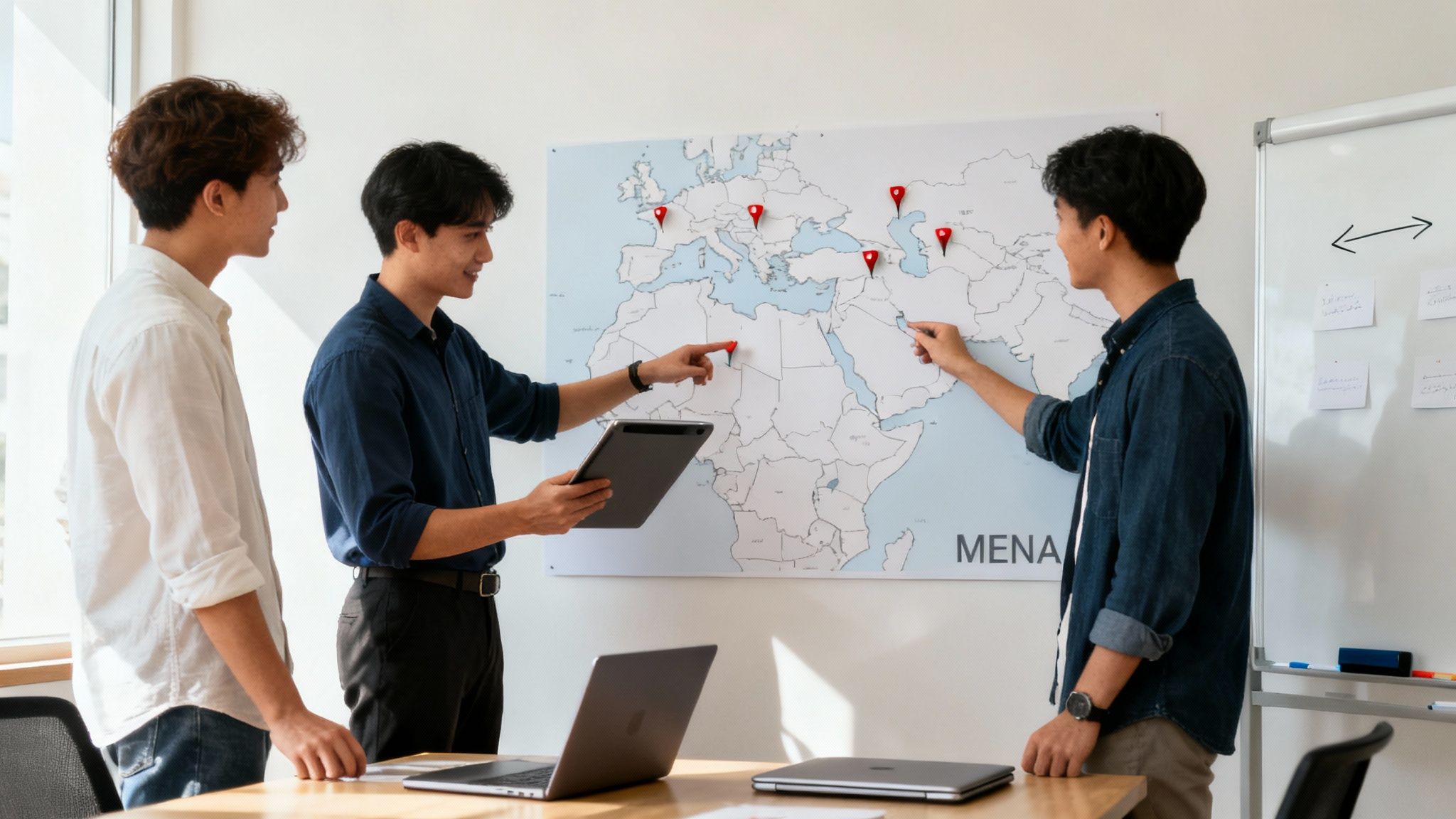 Young professionals analyzing global markets on a map with red location markers.