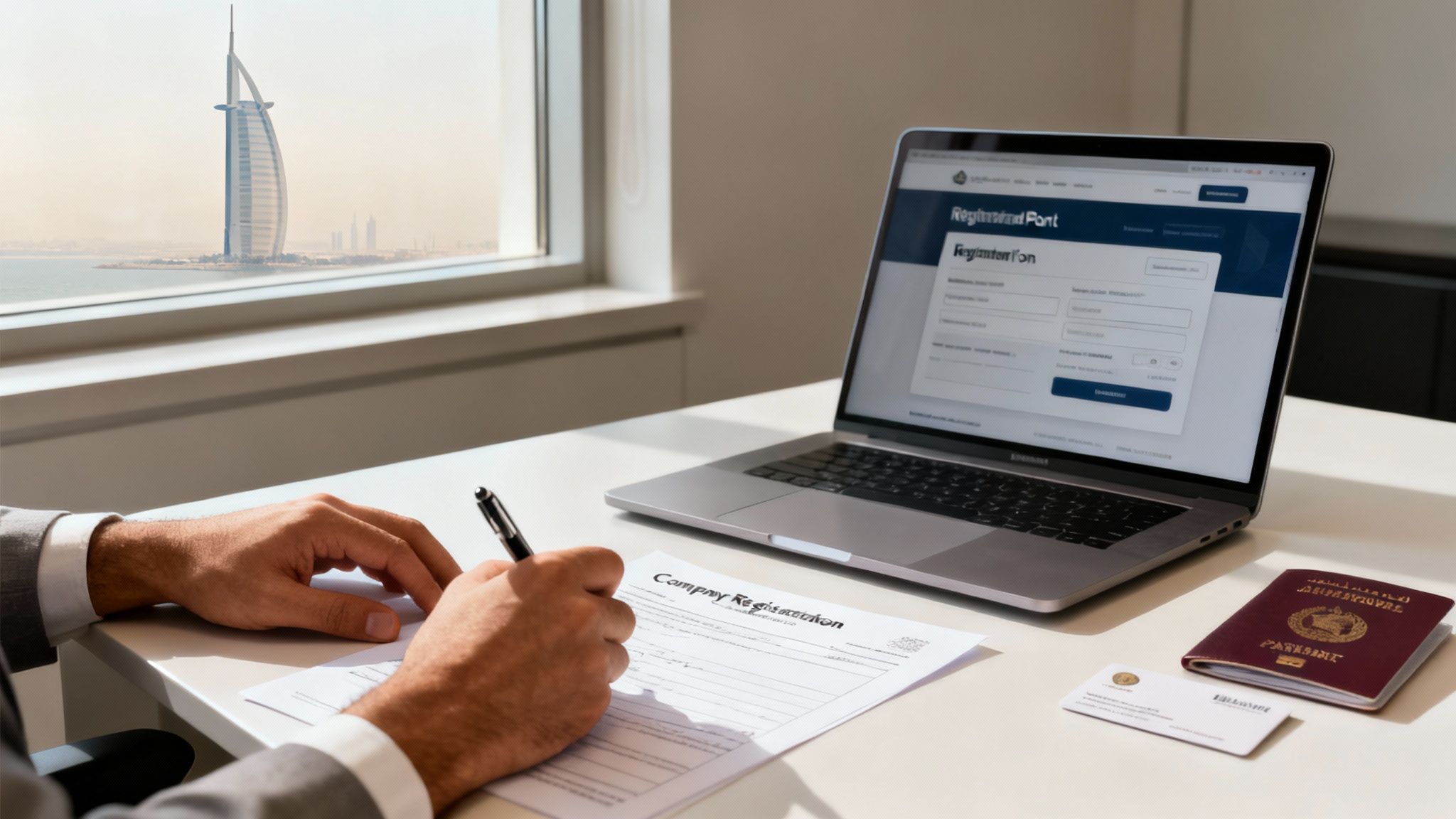 Man signing company registration papers at a desk with a laptop and passport, overlooking Dubai.