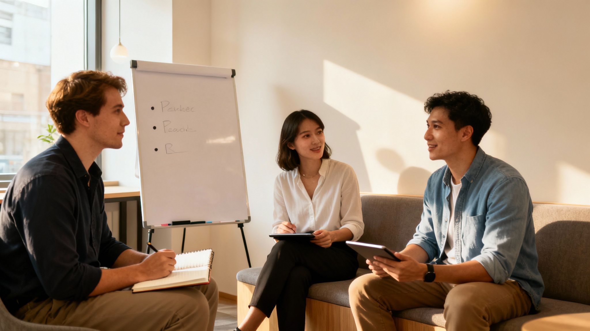 Three diverse young professionals collaborating during a meeting in a bright office space.