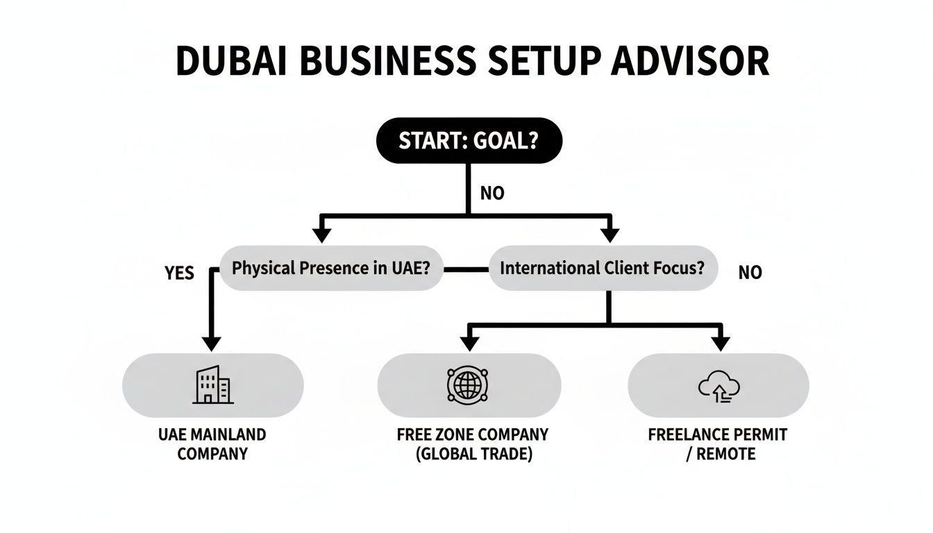 A decision tree diagram guiding on Dubai business setup options: Mainland, Free Zone, or Freelance.