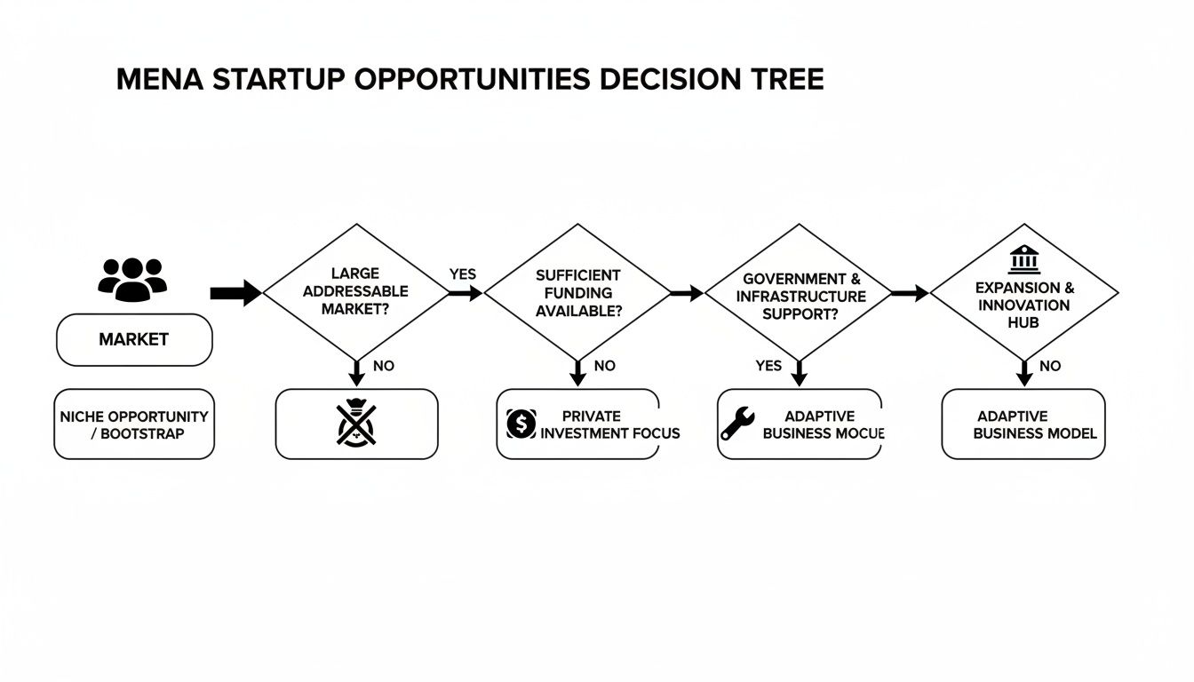 Decision tree illustrating factors for MENA startup opportunities, including market, funding, government support, and innovation hubs.