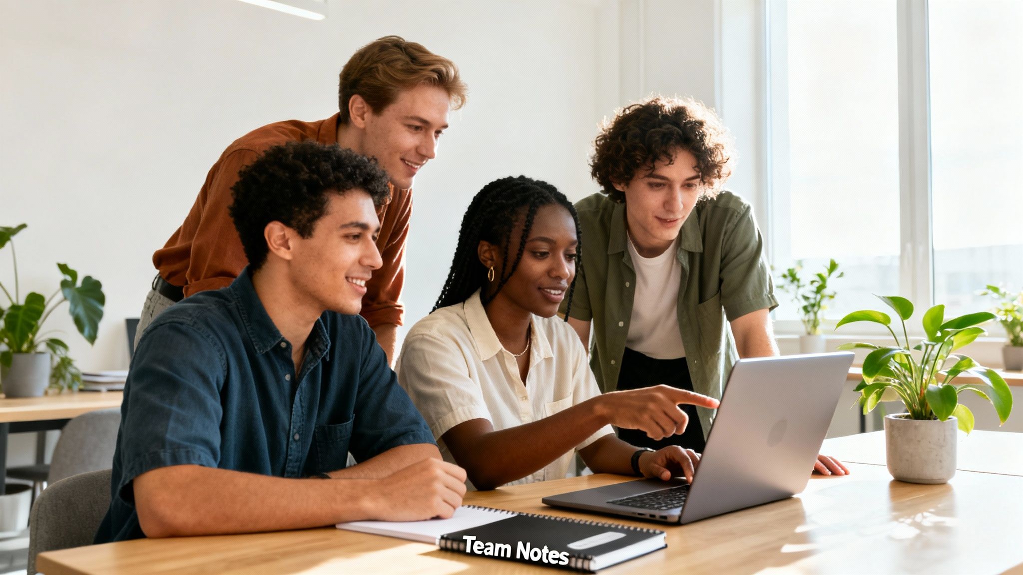 Four diverse young professionals collaborate around a laptop at a modern office desk.