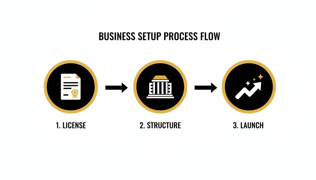 Business setup process flow diagram showing three steps: 1. License, 2. Structure, 3. Launch, with corresponding icons.