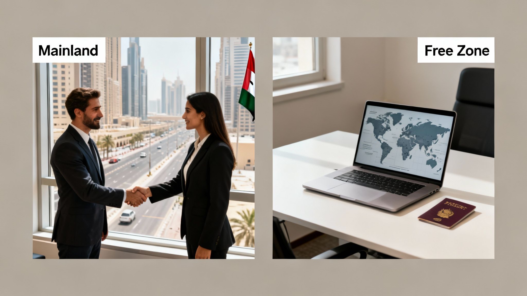Two business professionals shaking hands in an office, next to a laptop displaying a world map and a passport.