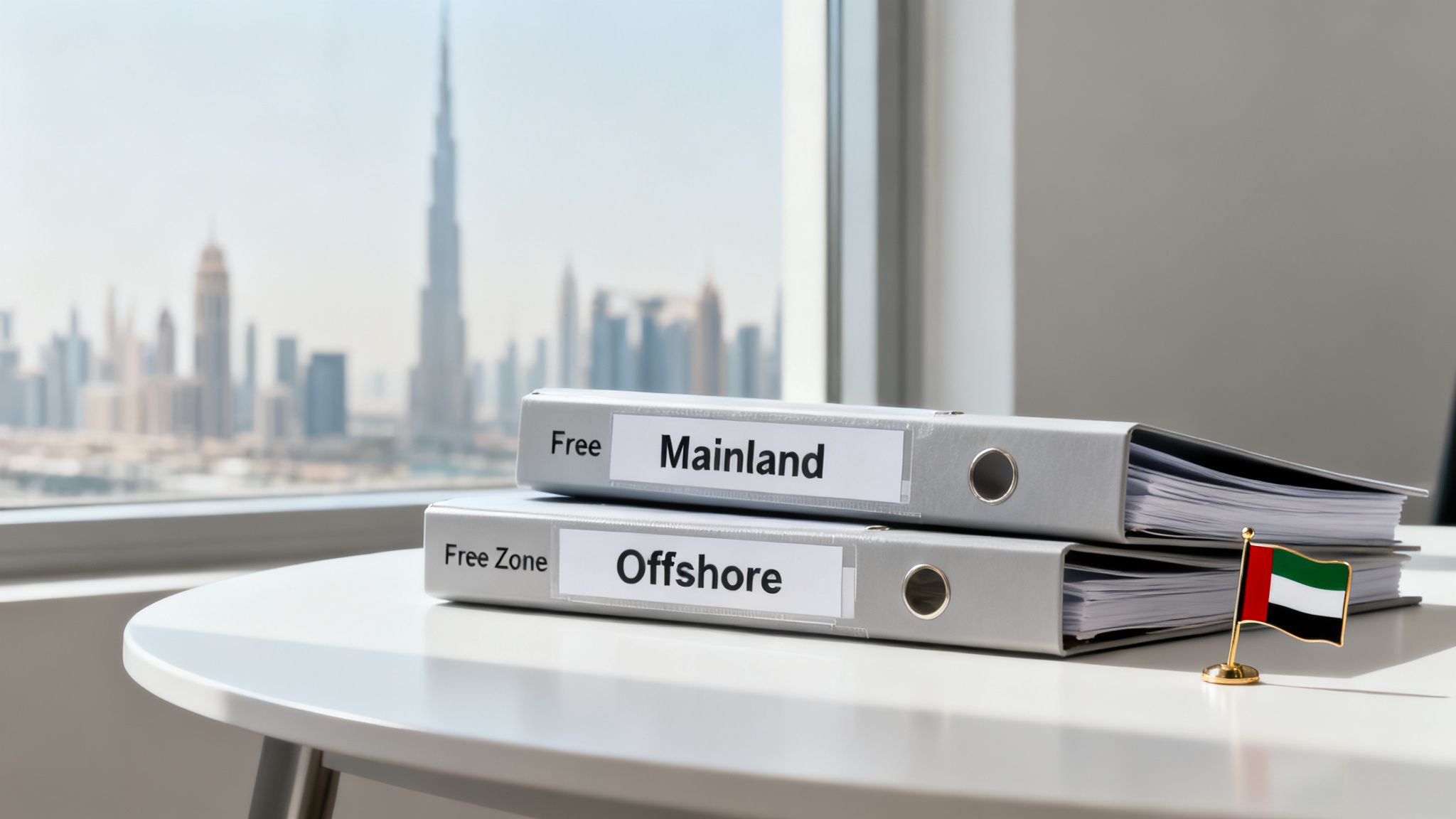 Business binders for 'Mainland' and 'Offshore' company setup, with UAE flag and Dubai skyline.