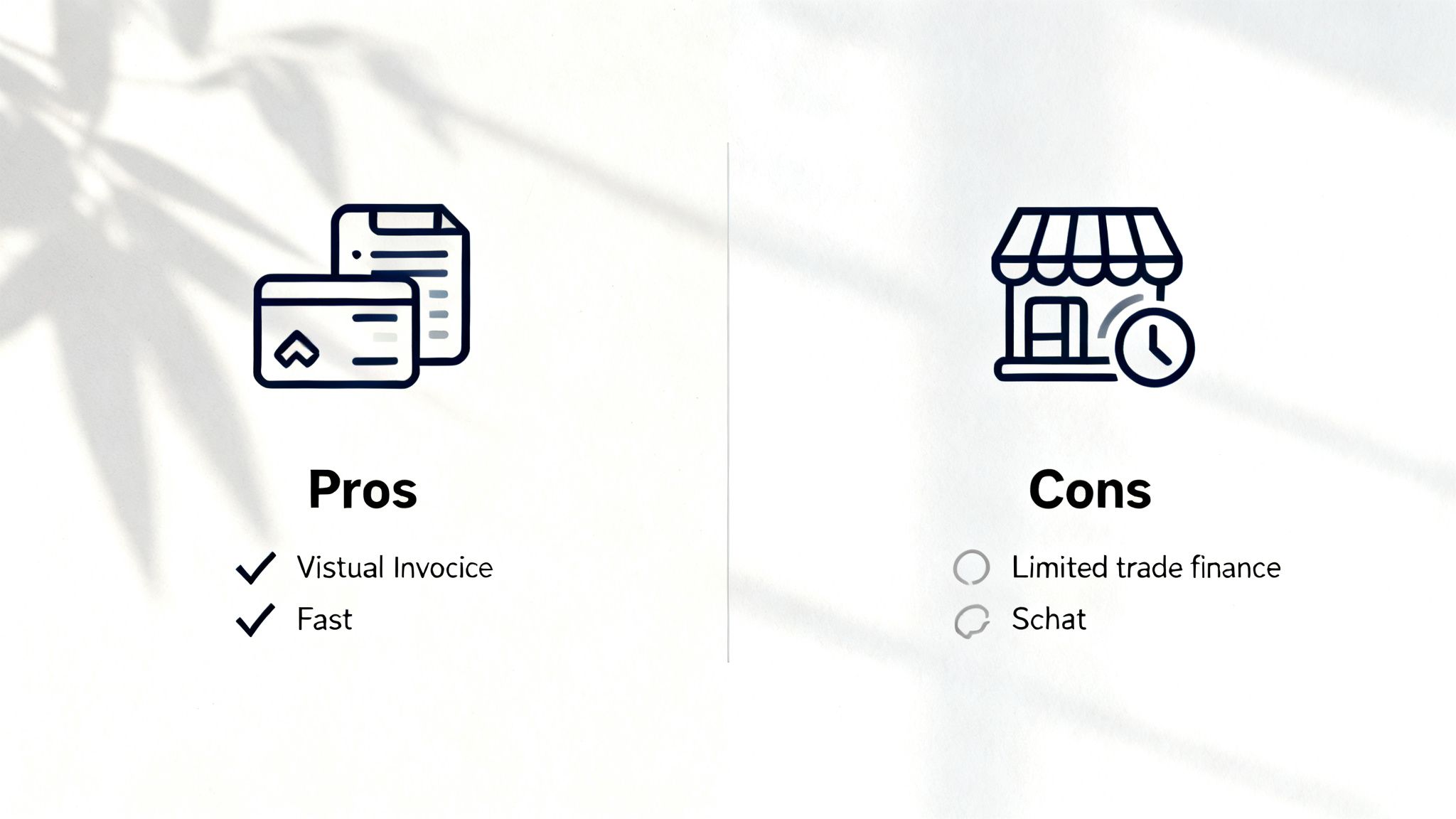 A visual comparison chart detailing pros and cons, including virtual invoice, fast, limited trade finance, and chat.