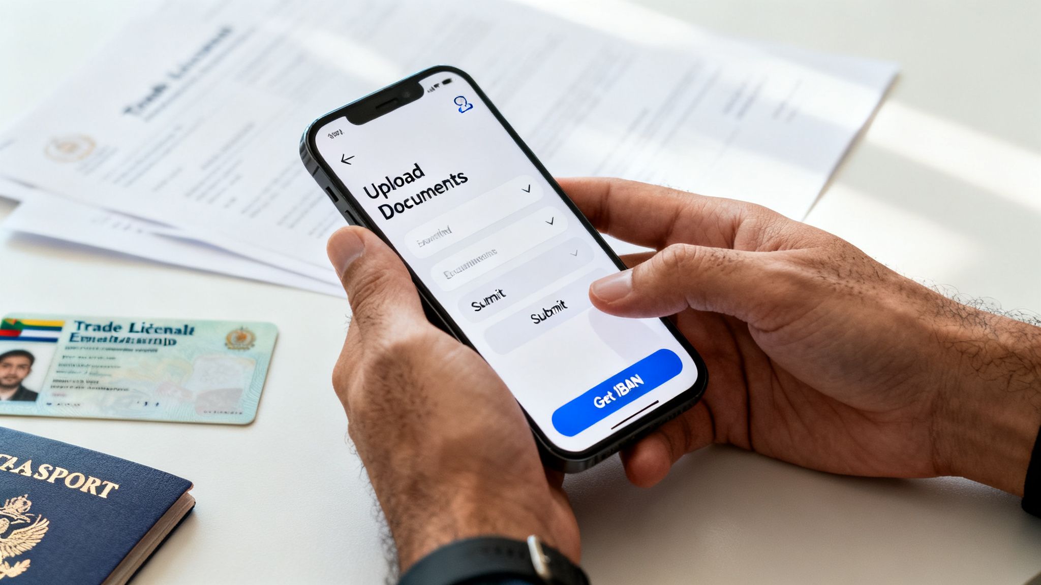 Person holding a smartphone to upload business documents, with a trade license and passport on the table.