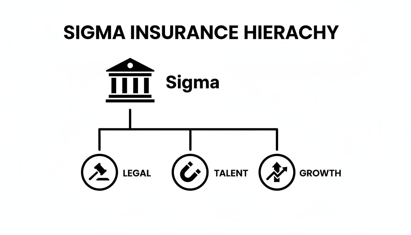 A simple organizational hierarchy chart for Sigma Insurance, showing Legal, Talent, and Growth departments.