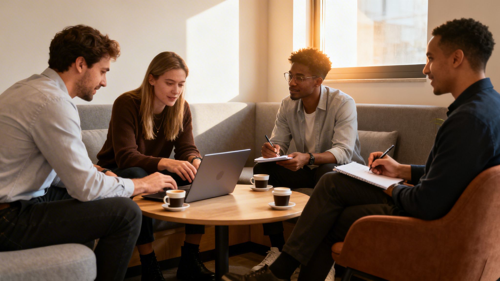 Four diverse colleagues collaborating in a modern office lounge, with a laptop and coffee.