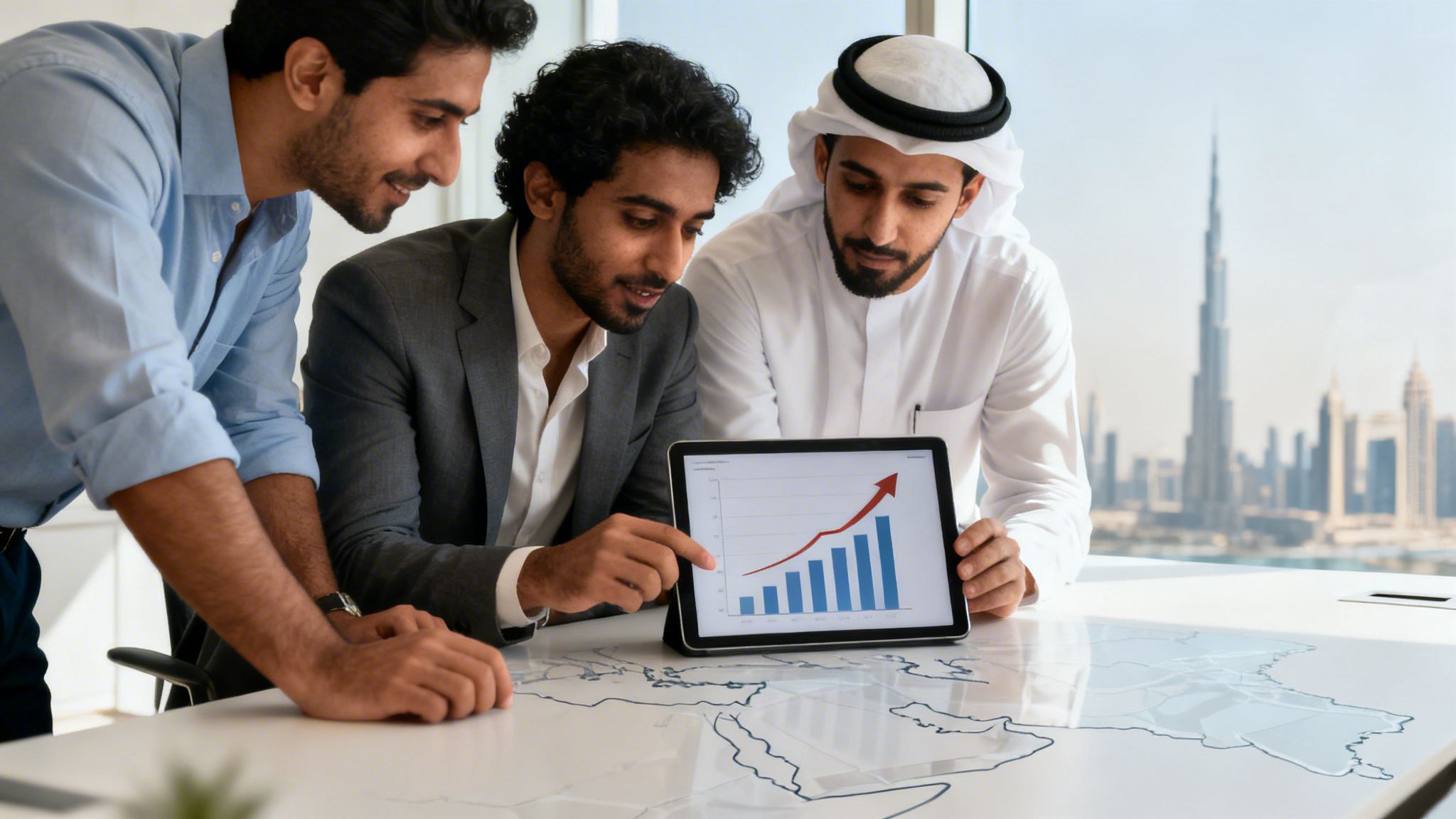 Three men discuss business growth on a tablet in a modern office overlooking a Dubai skyline.
