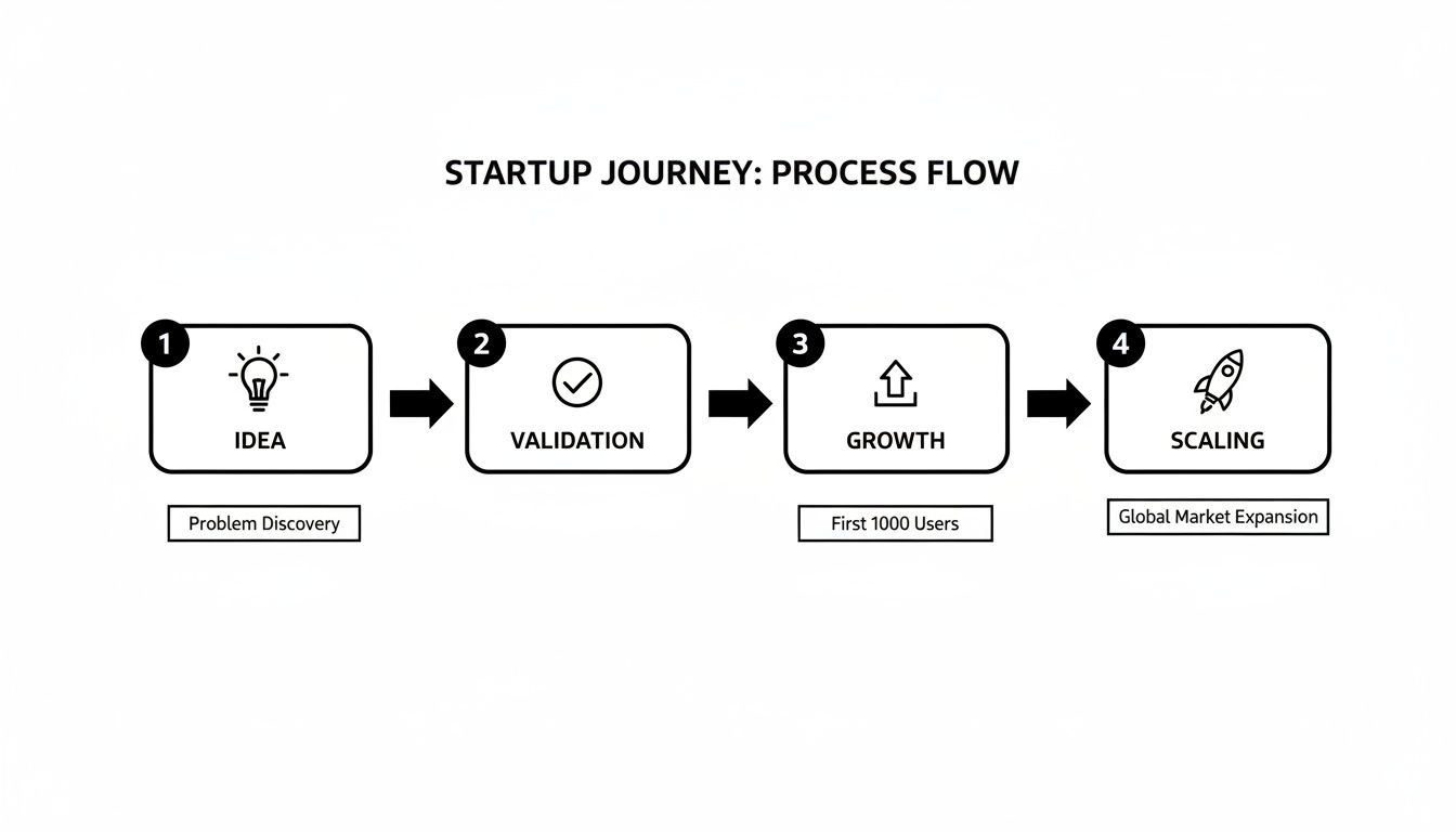 A diagram illustrates the startup journey process flow in four sequential stages: Idea, Validation, Growth, and Scaling.