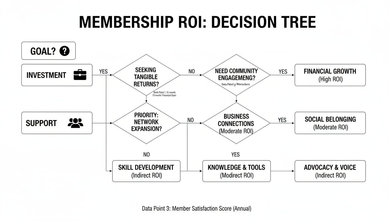 A decision tree flowchart illustrating membership ROI based on investment, support, and member goals.