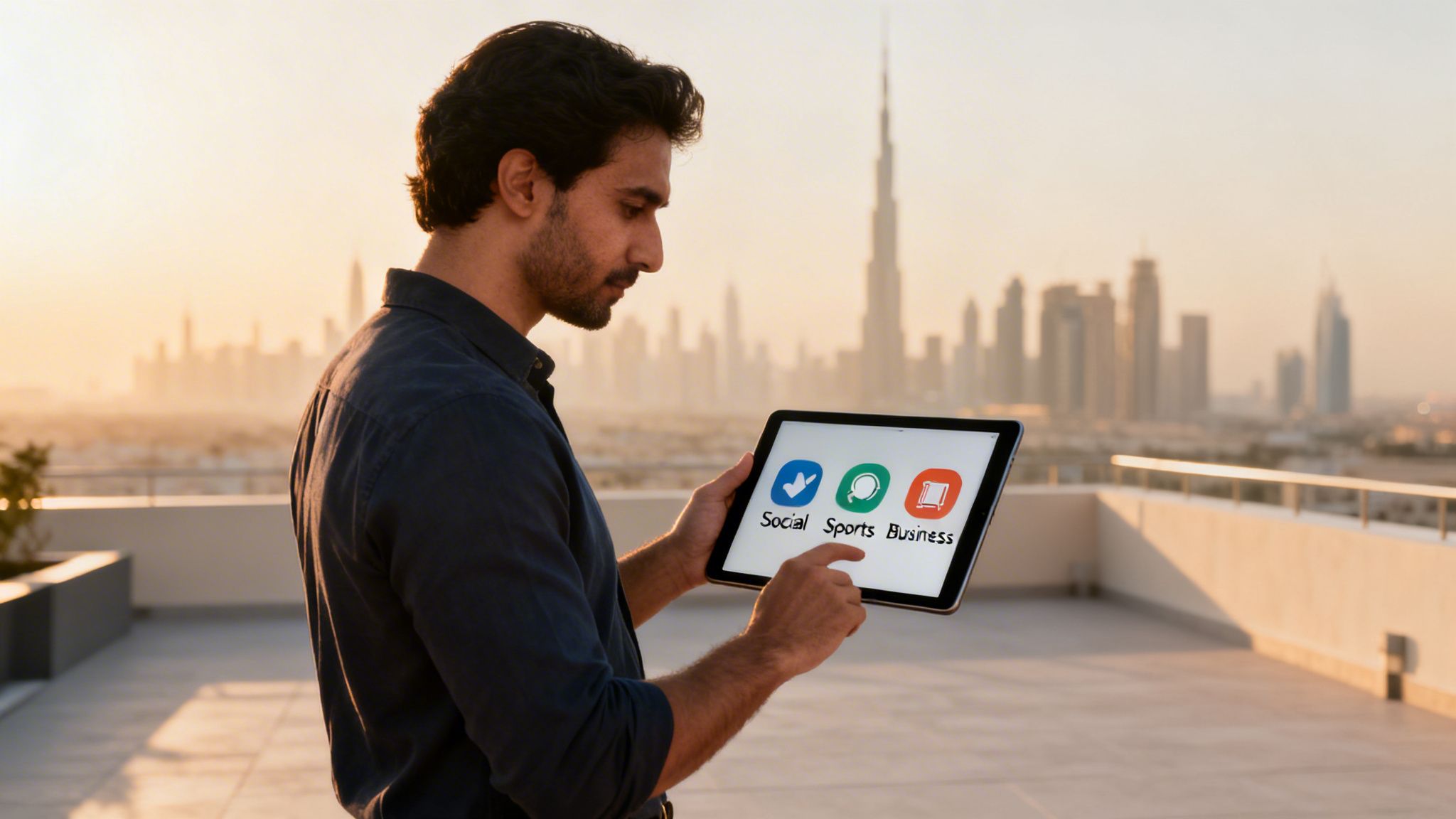 Man on Dubai rooftop viewing a tablet with social, sports, business app icons and city skyline.