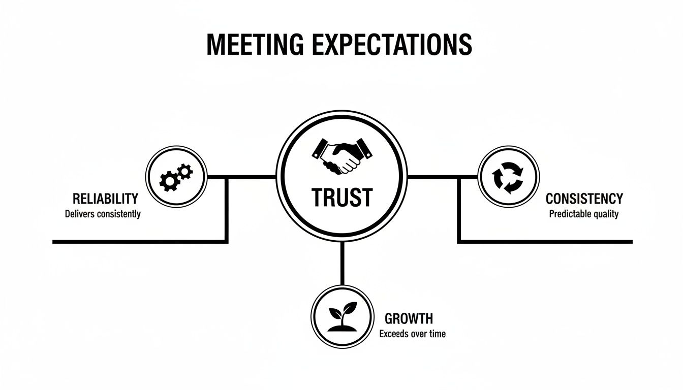 A diagram illustrating 'Meeting Expectations' with 'Trust' at the core, linked to 'Reliability', 'Consistency', and 'Growth'.