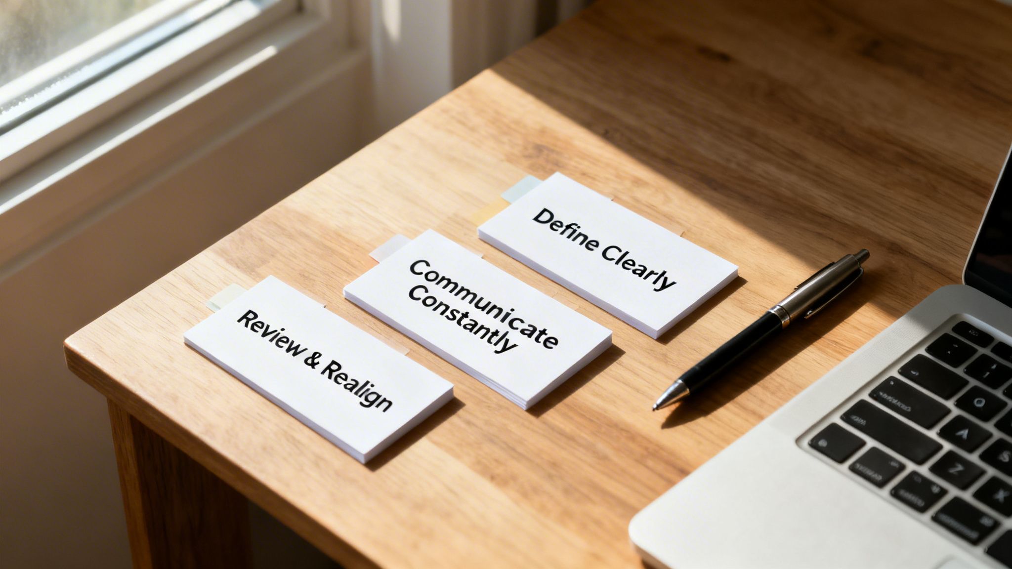 Three white cards on a wooden desk with text 'Review & Realign', 'Communicate Constantly', and 'Define Clearly', beside a pen and laptop.