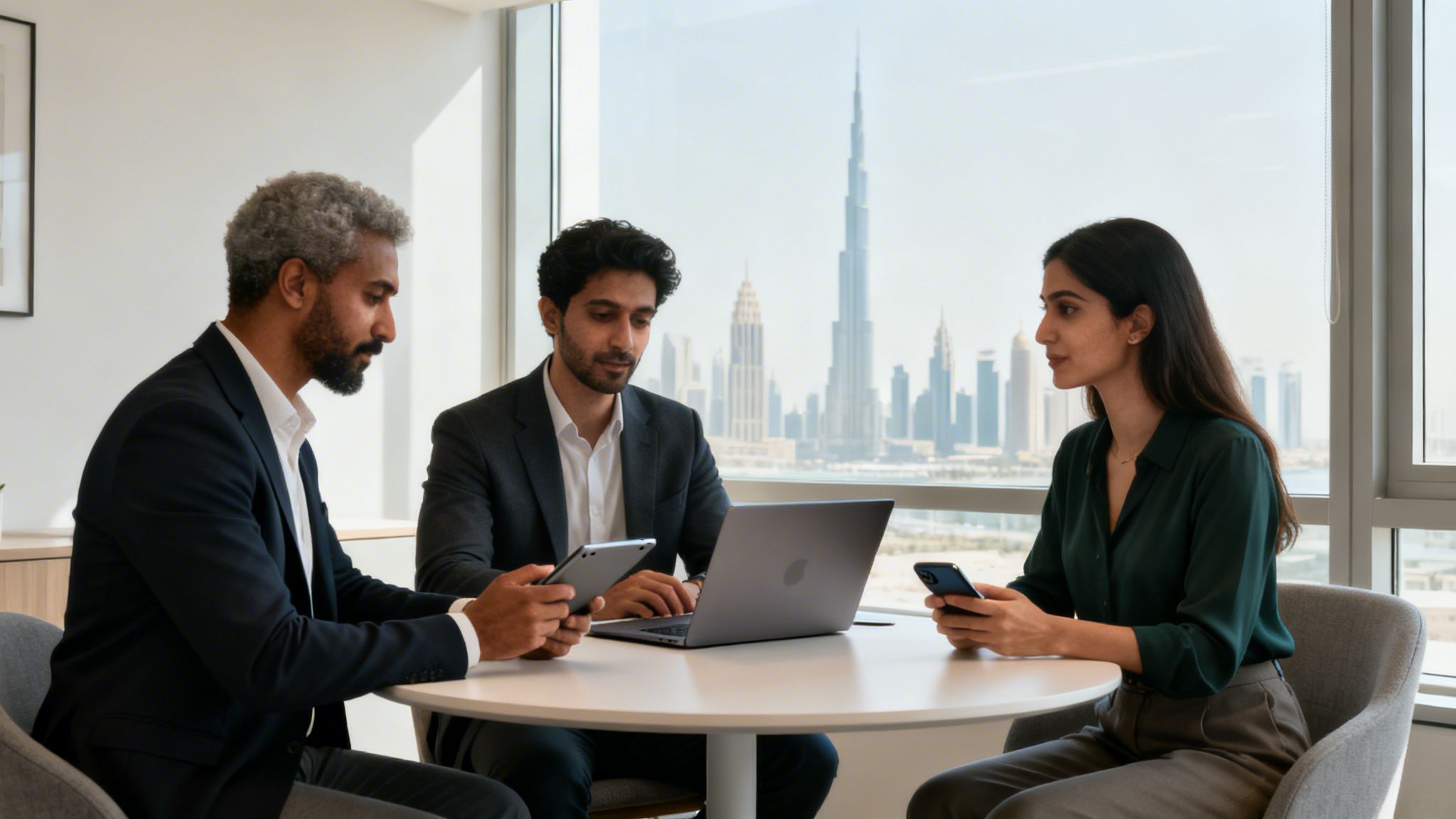 Three diverse professionals collaborating with devices in a modern office with a city view.