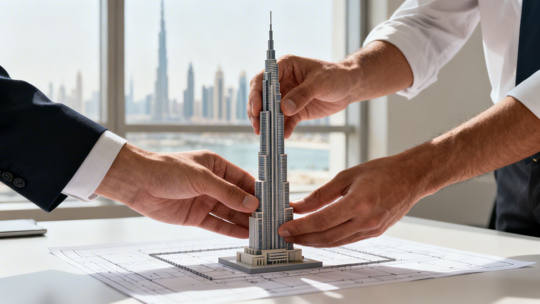 Two men's hands carefully place a Burj Khalifa model onto blueprints with a cityscape in the background.