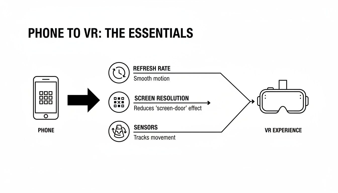 Diagram showing phone essentials for VR: refresh rate for smooth motion, screen resolution for clarity, and sensors for movement tracking.