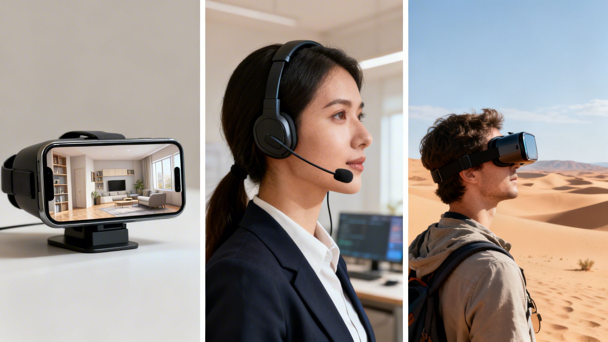 Three panels depict virtual reality: a smartphone in a VR headset, a call center agent, and a man exploring a desert.