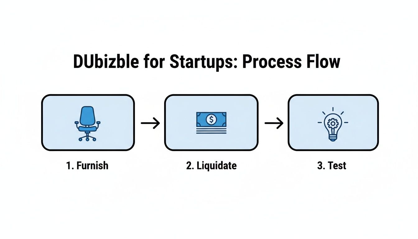 A three-step process flow for startups: Furnish (chair), Liquidate (money), and Test (lightbulb).
