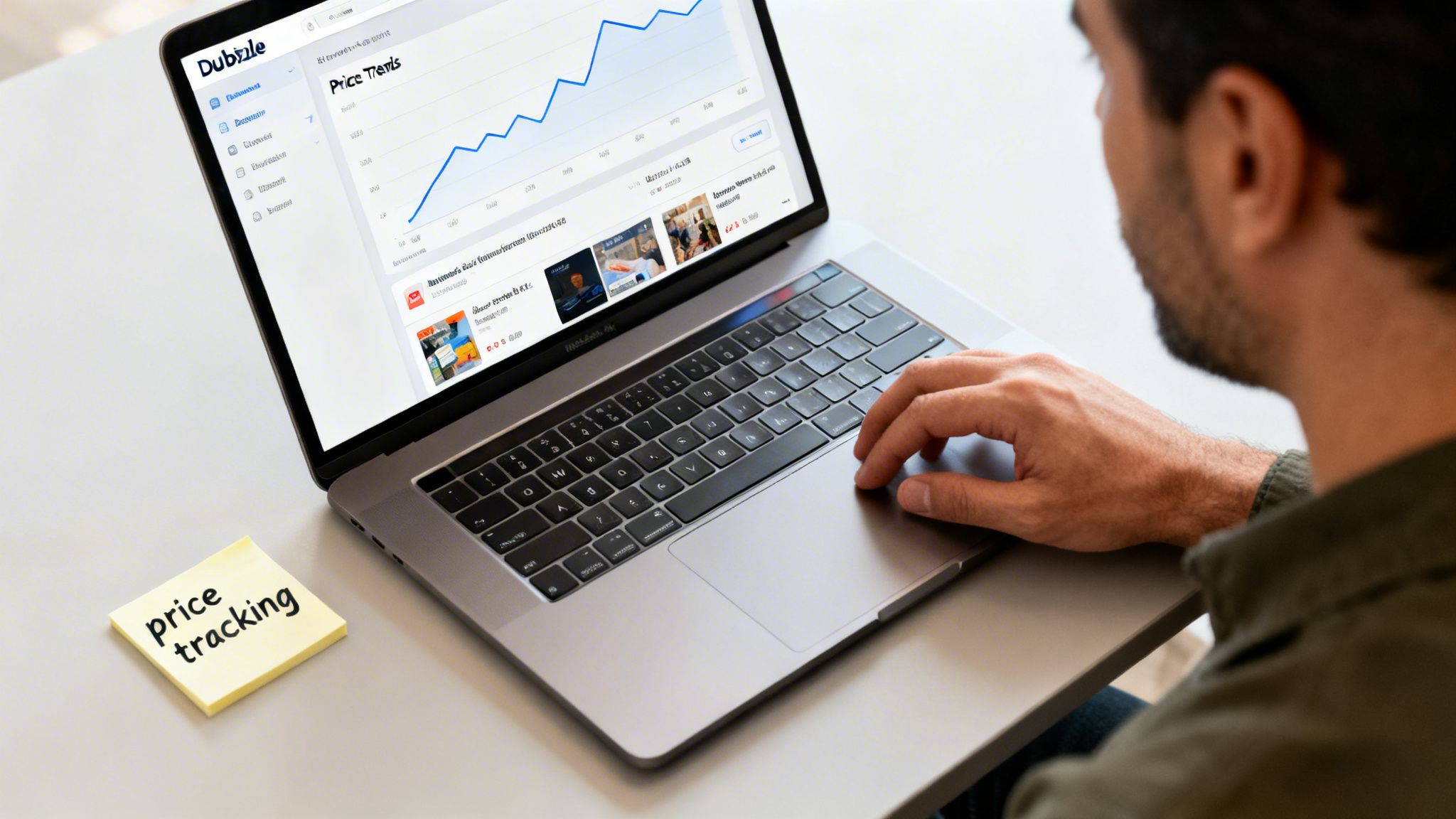A person uses a laptop displaying 'Price Trends' on Dubizzle, with a 'price tracking' note.