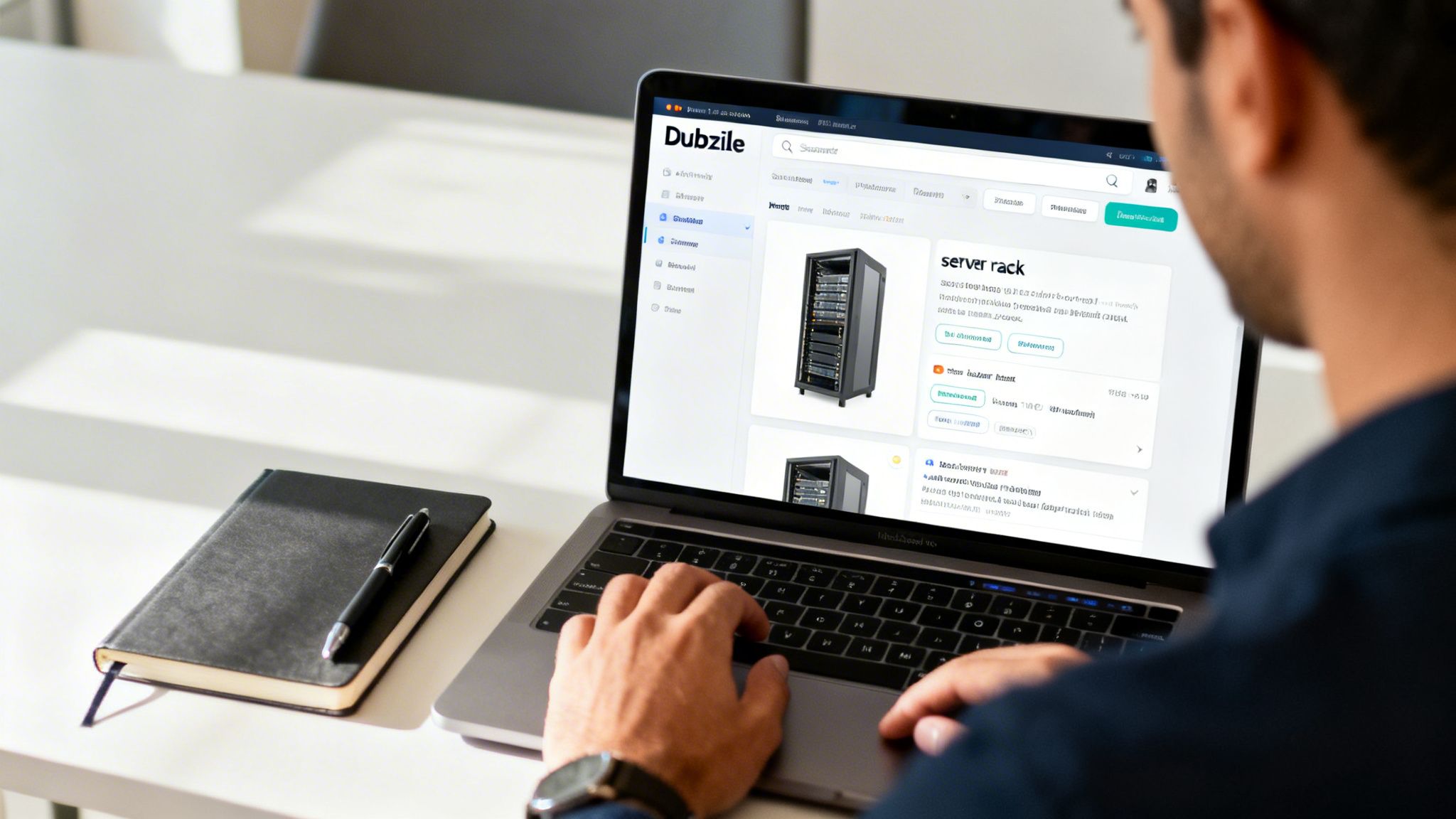 A person works on a laptop displaying the Dubzile classifieds website with server rack listings.