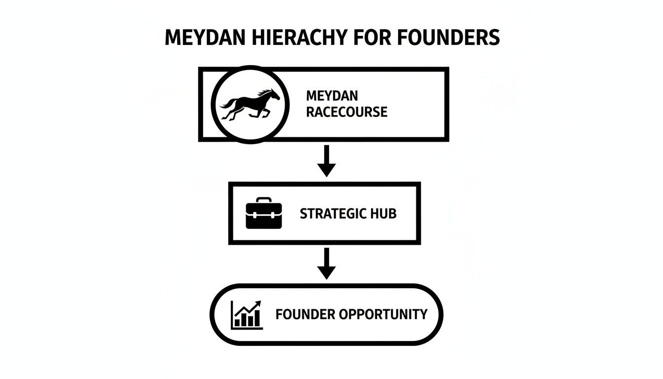A diagram illustrates the Meydan hierarchy for founders, moving from Meydan Racecourse to a Strategic Hub and then to Founder Opportunity.