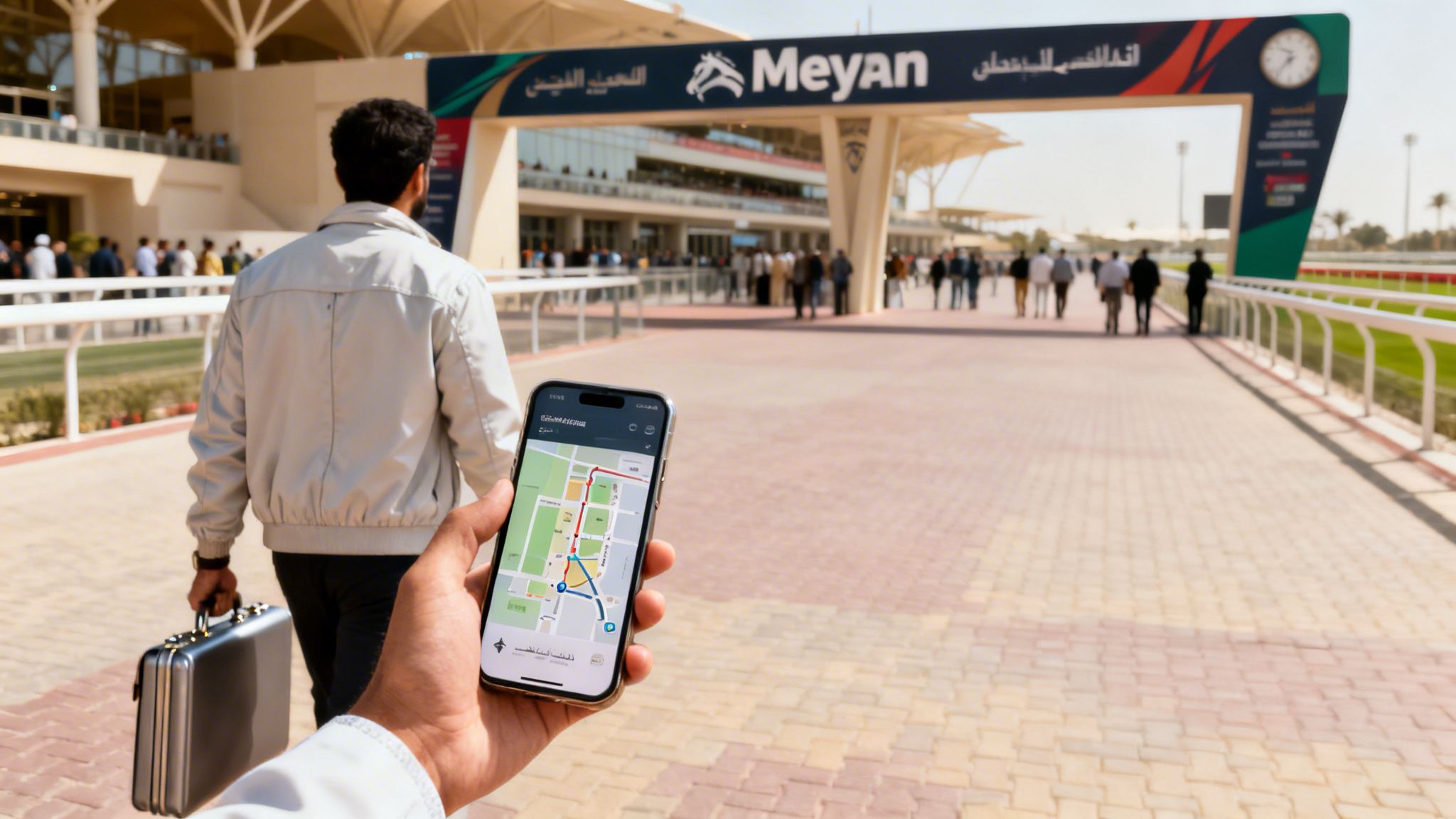 Person walks towards Meydan racecourse, holding a briefcase and viewing a navigation map on a smartphone.
