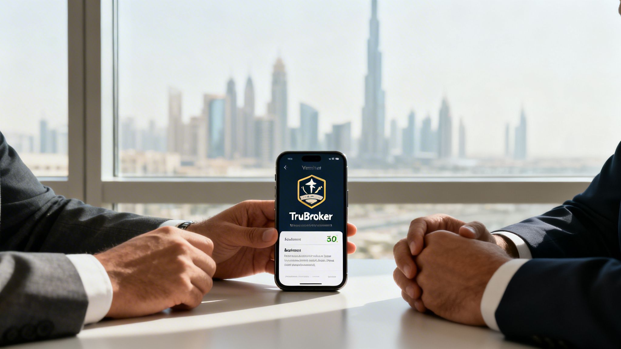 Two businessmen at a window table, one holding a phone displaying the 'TruBroker' app with a Dubai skyline view.