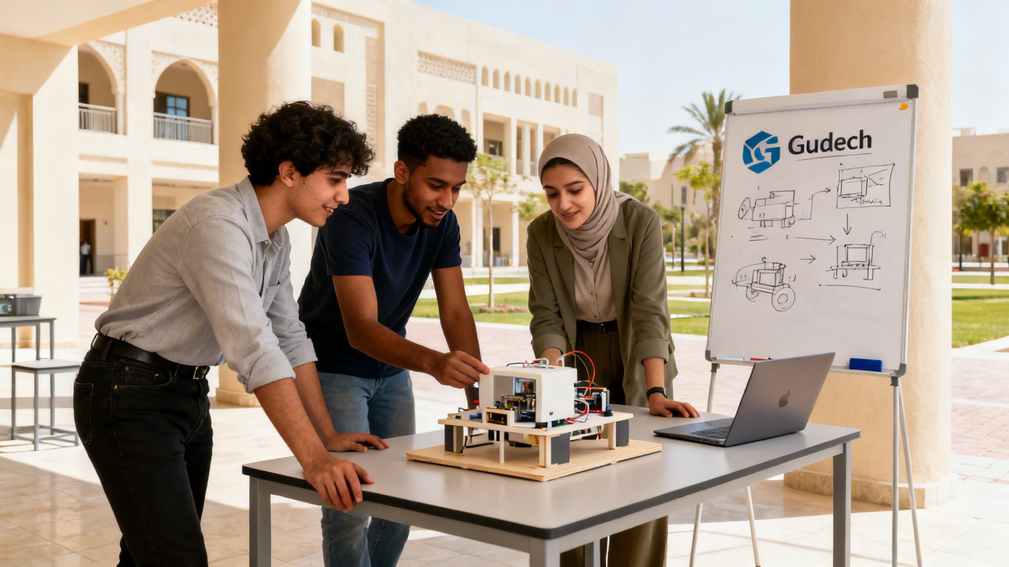 Three diverse university students collaborate on a robotics project outdoors on campus.