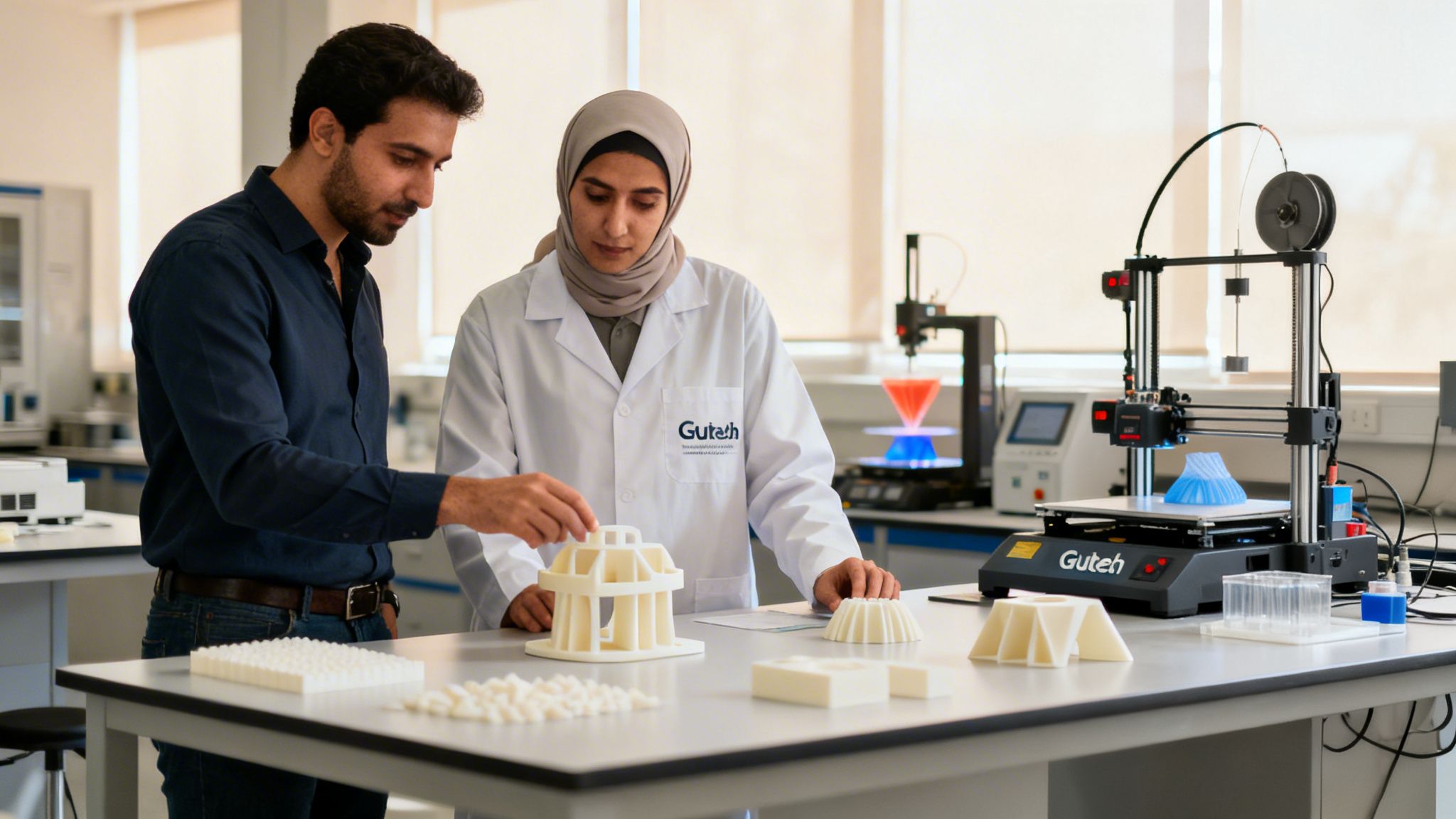 Two researchers, a man and a woman in a lab coat, examining 3D-printed models on a table.