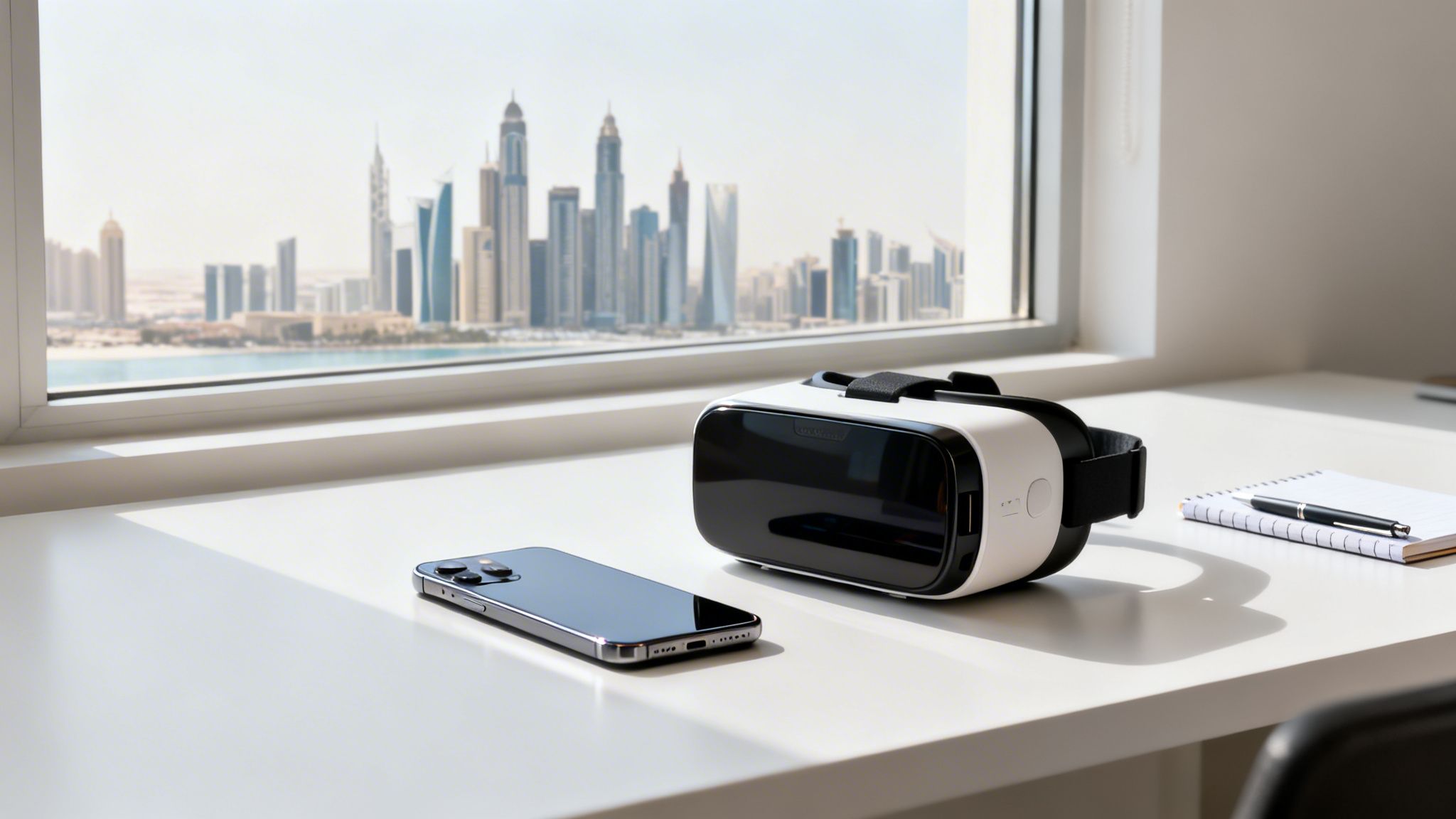 A smartphone and VR headset on a white desk by a window, overlooking a city skyline.