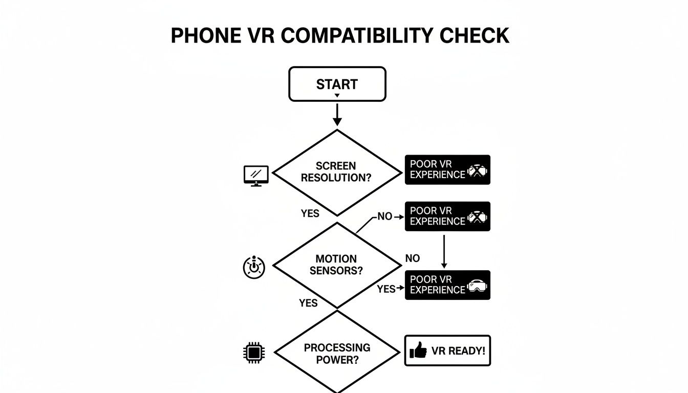 A flowchart illustrating phone VR compatibility check based on screen resolution, motion sensors, and processing power.