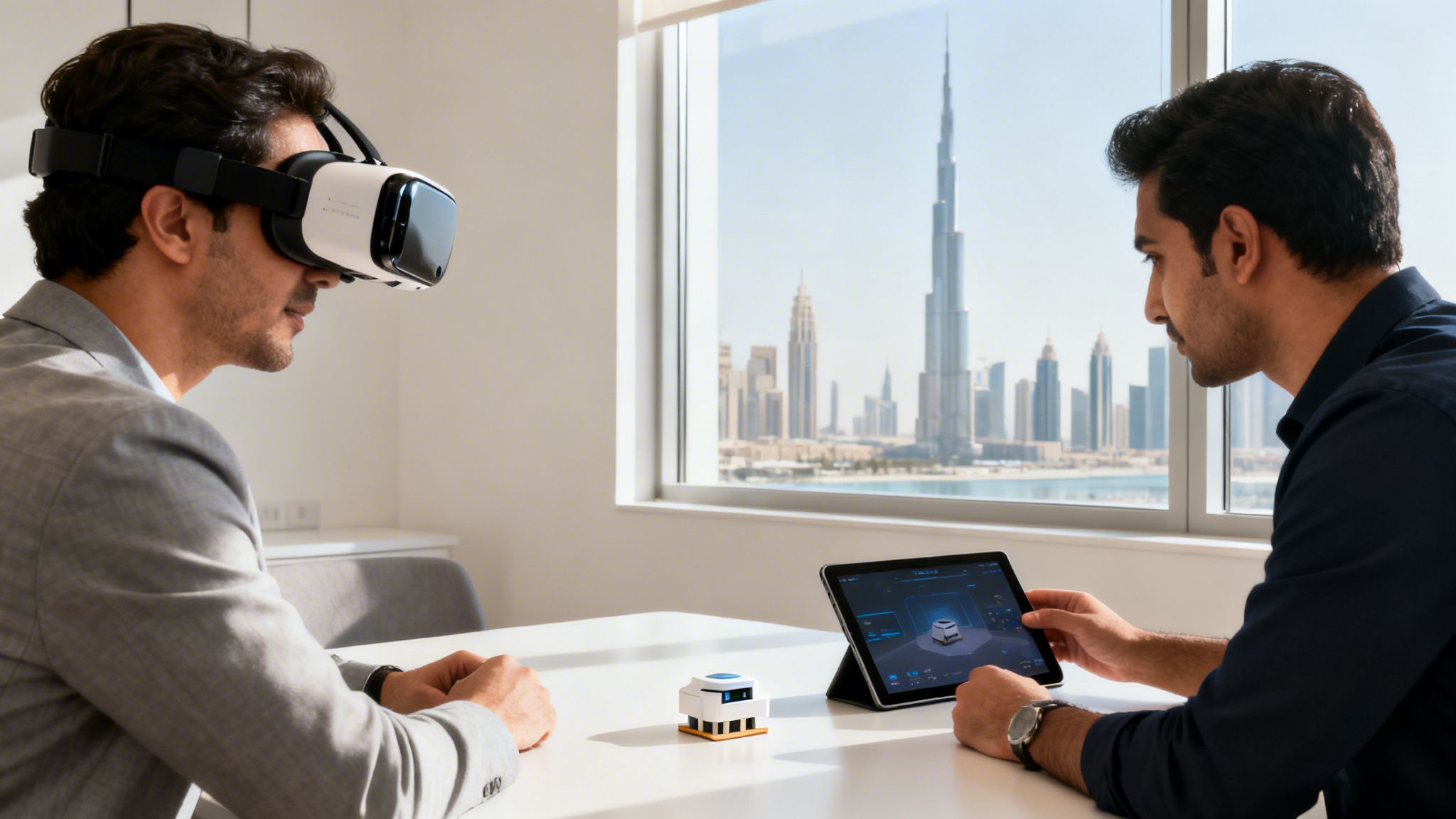 Two men engaging with virtual reality and a smart robot in a high-tech office environment.