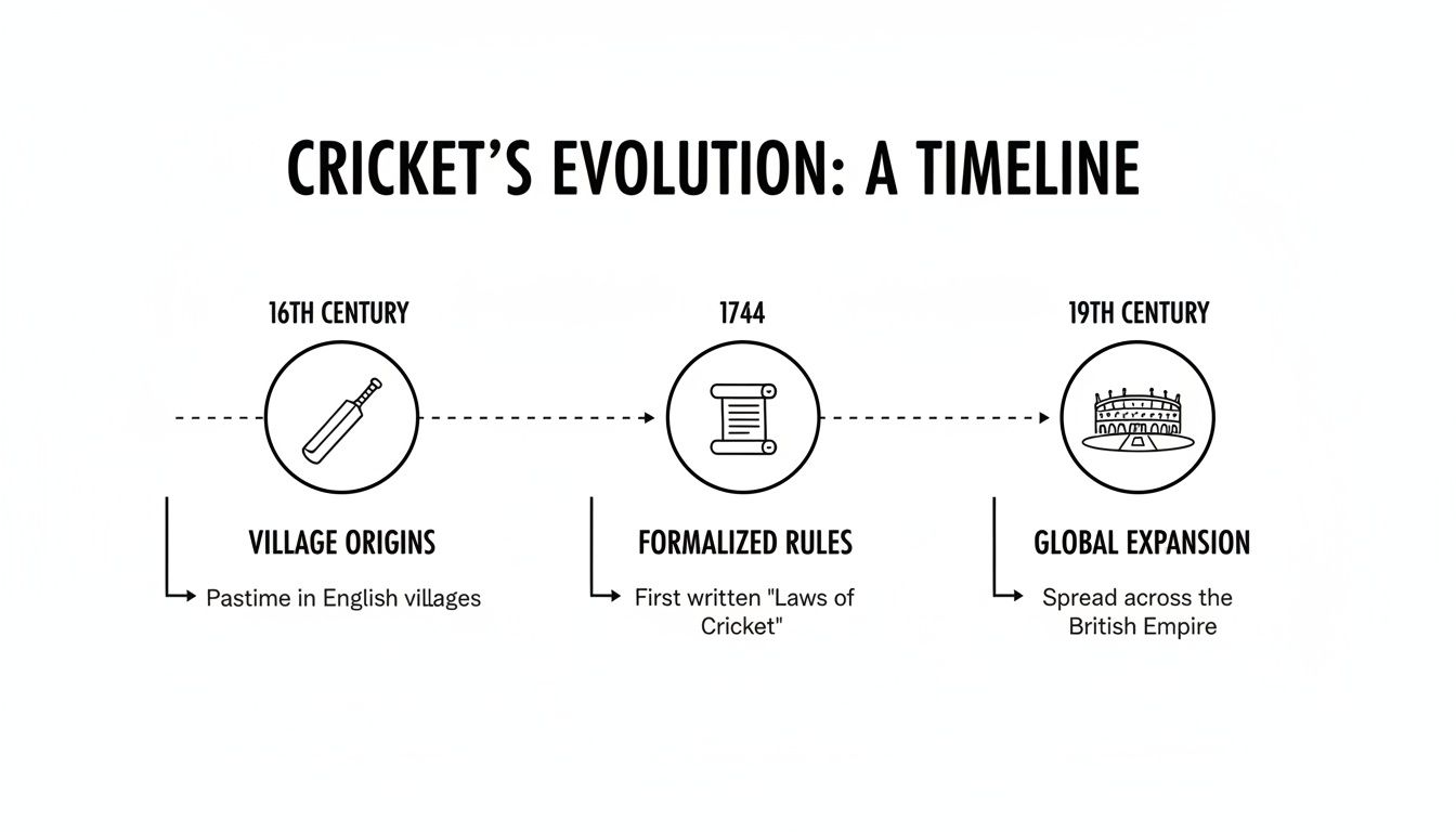 A timeline depicting cricket's evolution from village origins to formalized rules and global expansion.