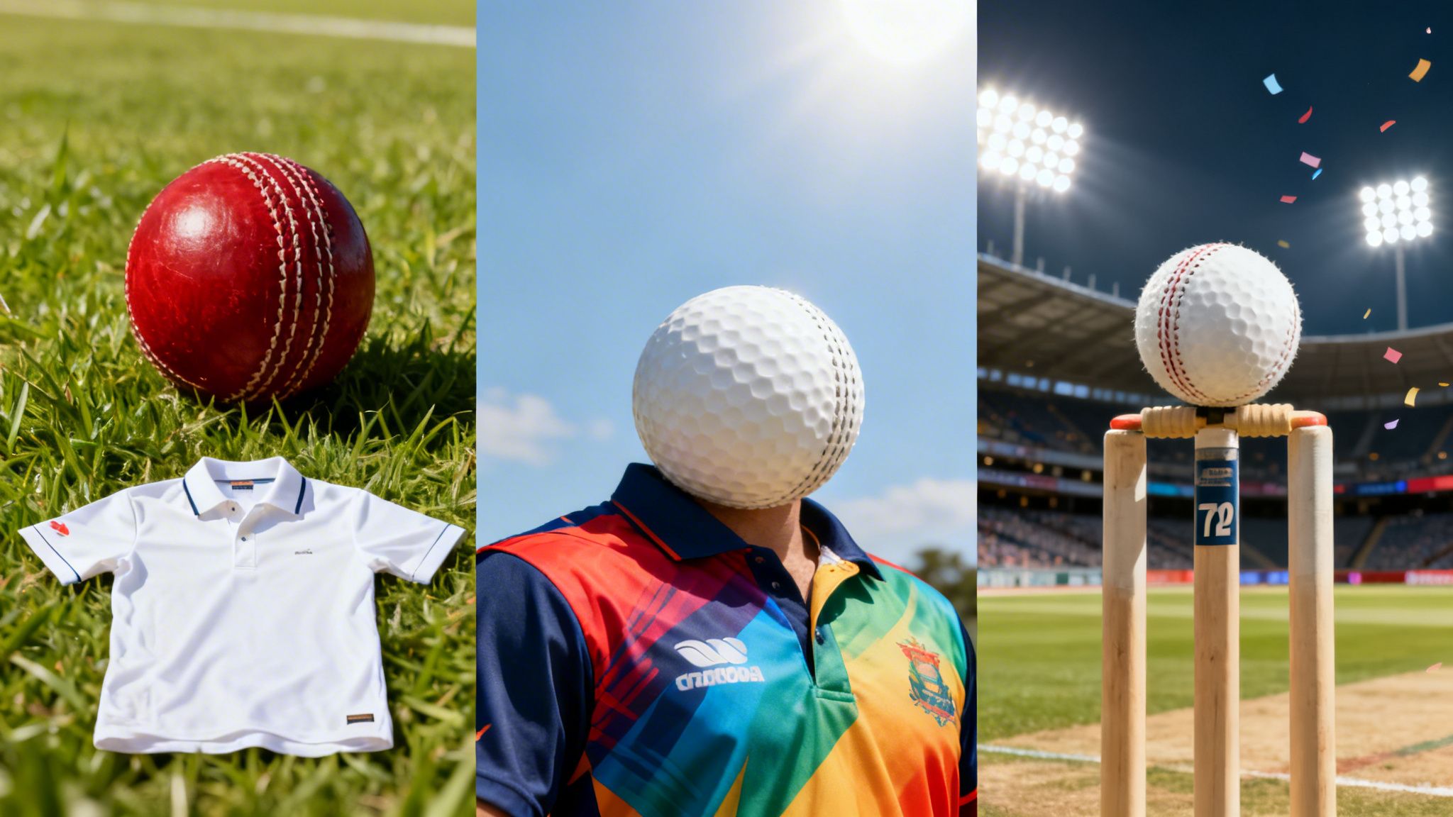 Three panels depicting cricket: a red ball on grass, a player with a golf ball face, and a white ball on wickets in a stadium.