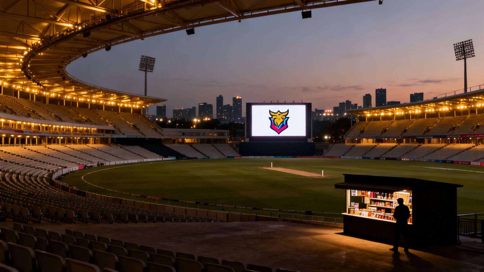 Evening view of a vibrant cricket stadium with a lit scoreboard and a concession stand.