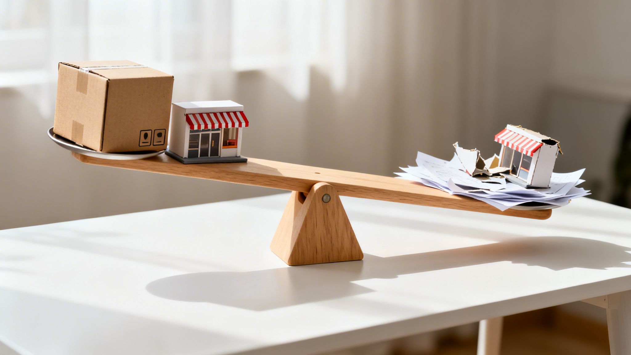 A seesaw balances a delivery package and a miniature store against a collapsing store with papers.