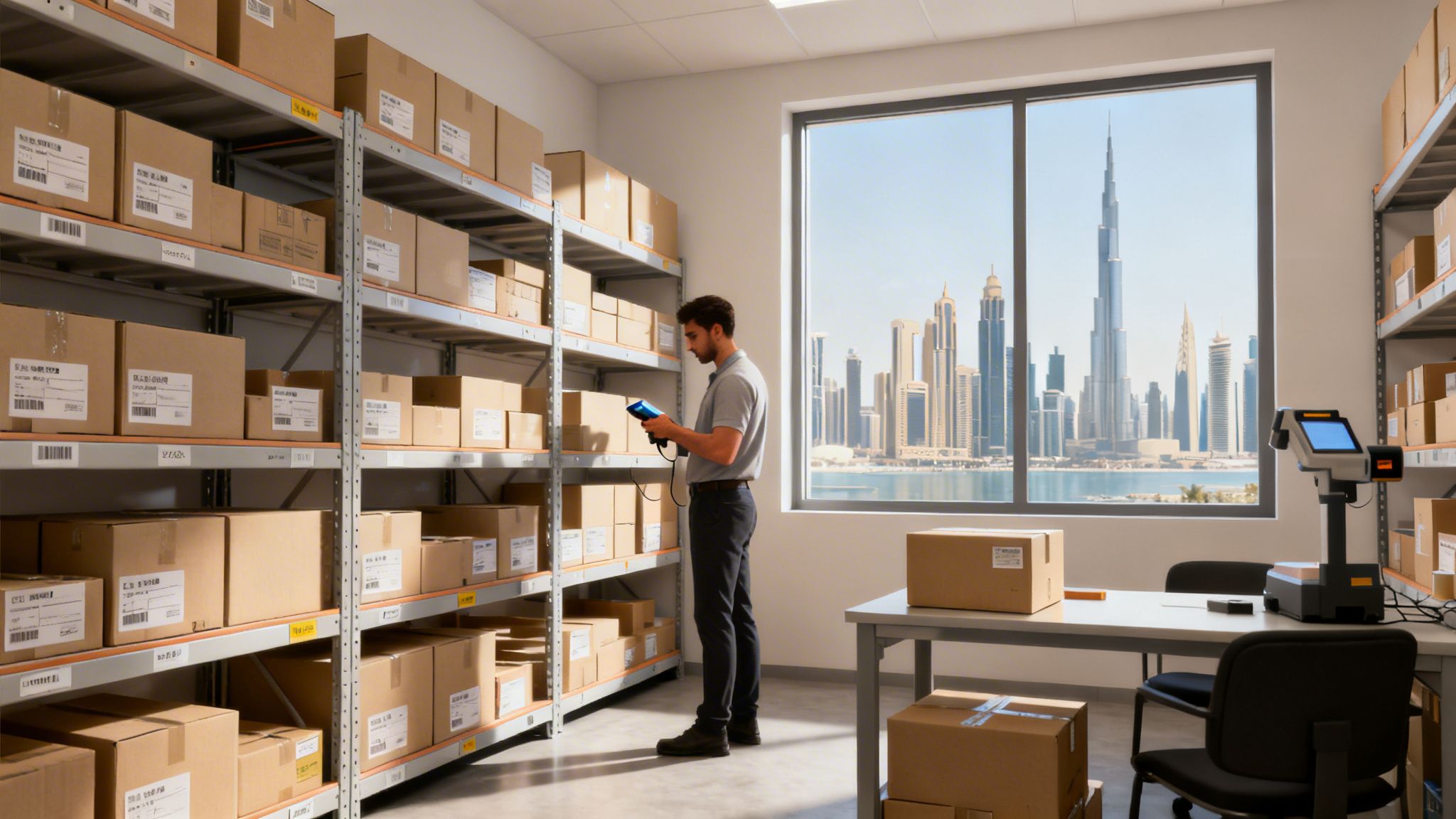 Man scanning packages on shelves in a modern logistics warehouse overlooking Dubai city.