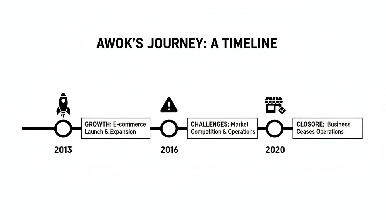 Awok's business timeline illustrating growth, challenges, and eventual closure between 2013 and 2020.