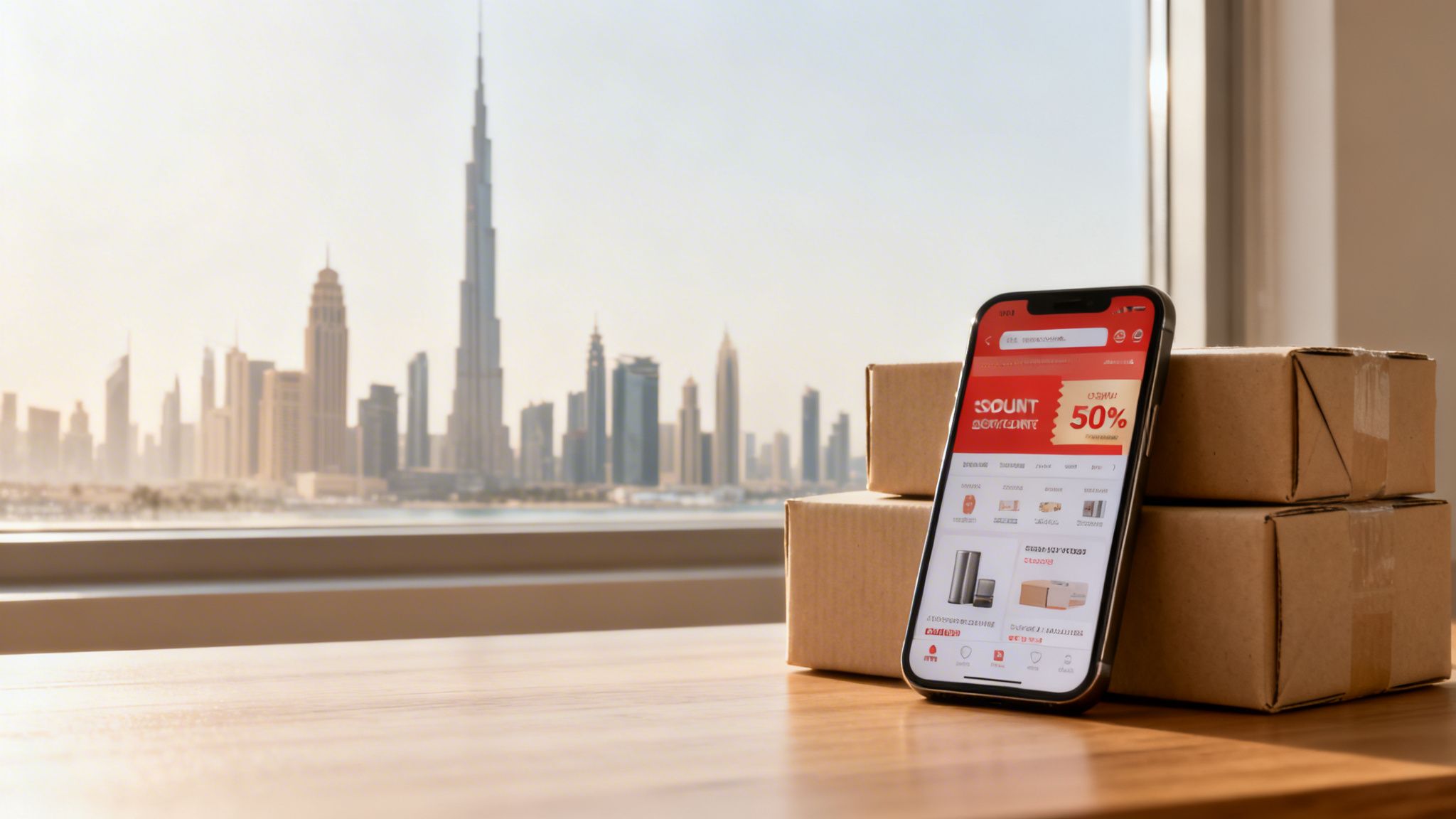 E-commerce app on a smartphone with shipping boxes and Dubai skyline, including Burj Khalifa.