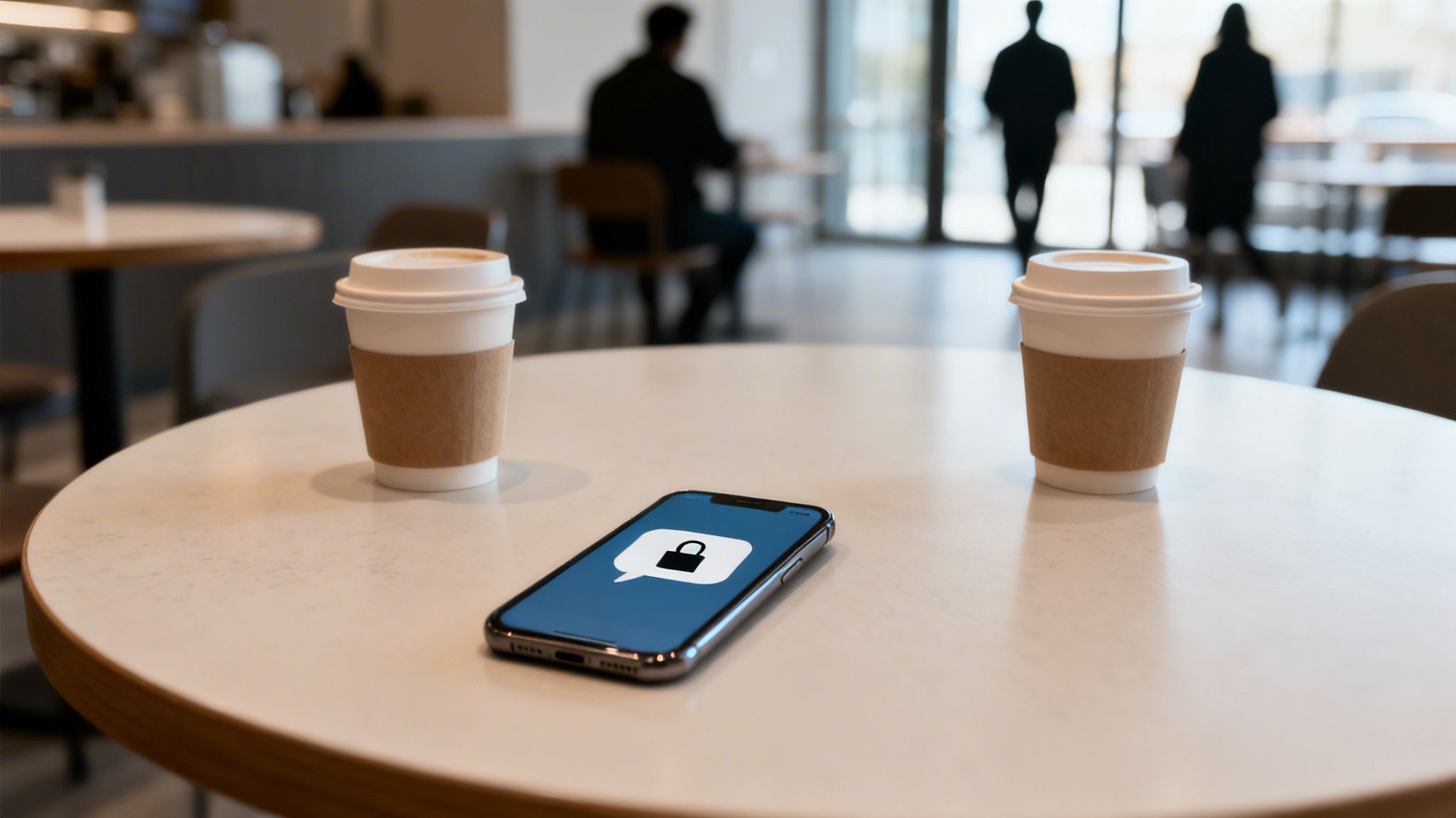 Two coffee cups and a smartphone displaying a lock icon on a white cafe table.