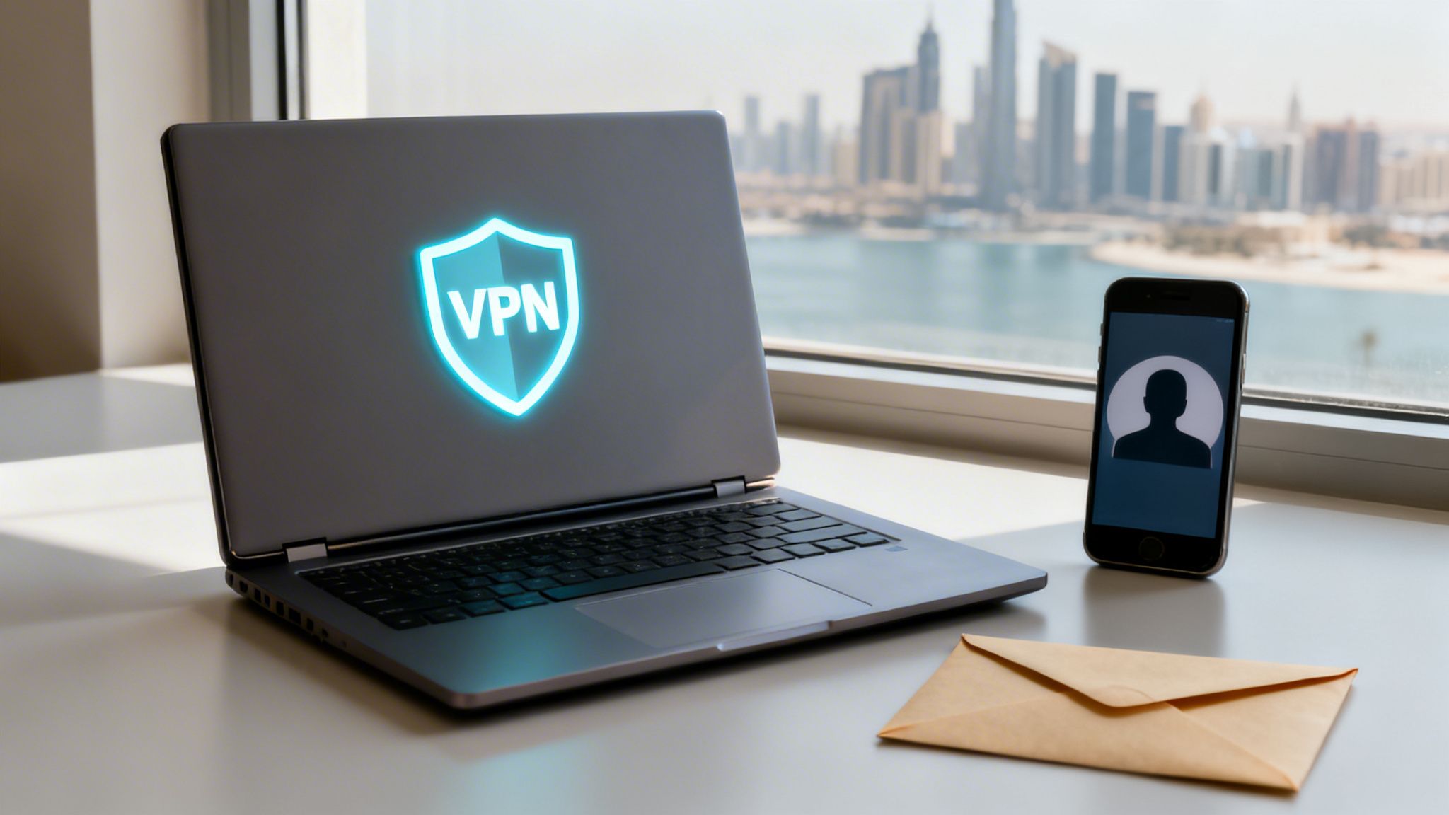 A laptop with a glowing VPN shield icon and a smartphone with a user profile icon on a desk overlooking a city skyline.