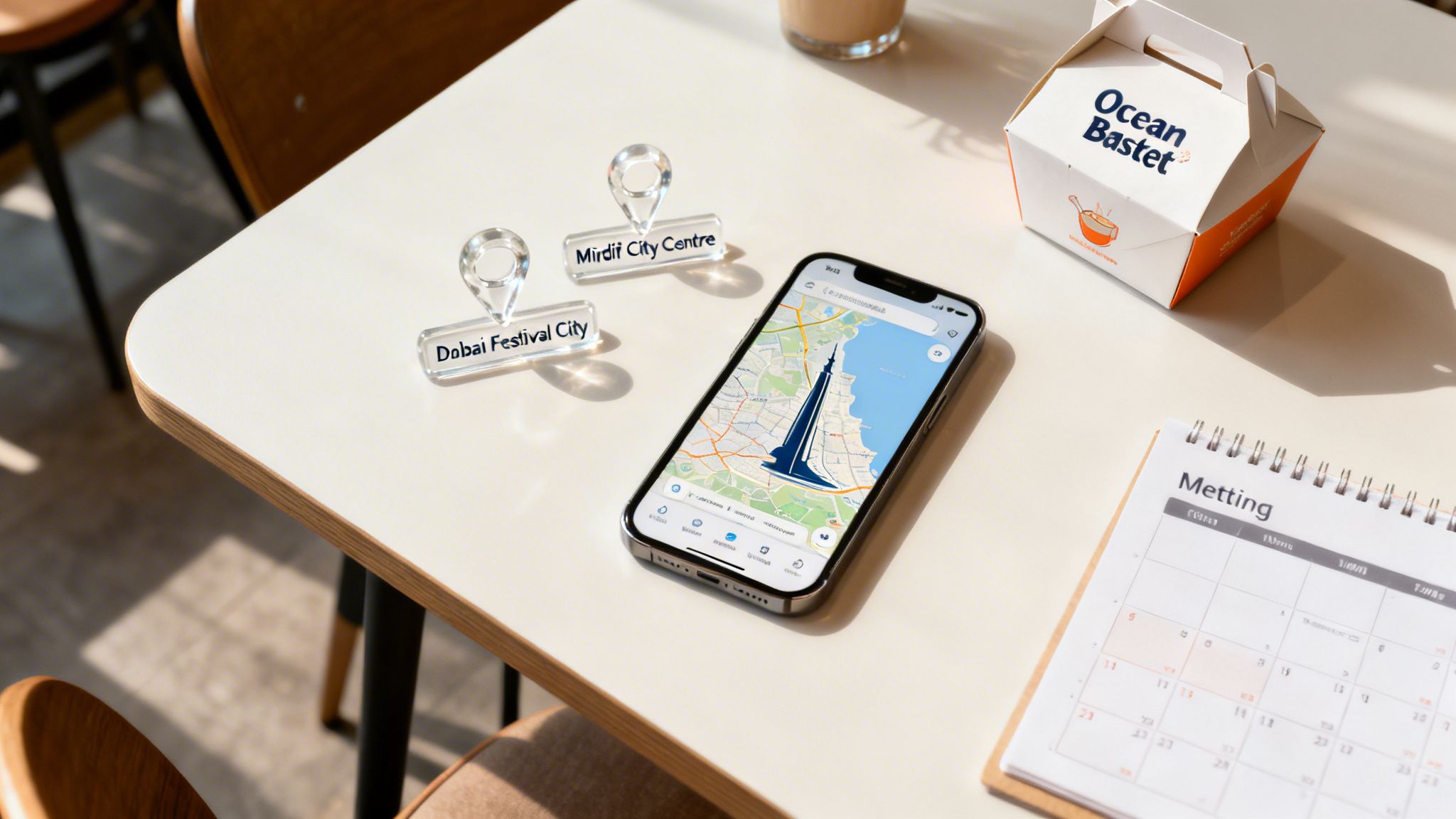 A flat lay on a table with a smartphone displaying a map, location markers, a food box, and a calendar.