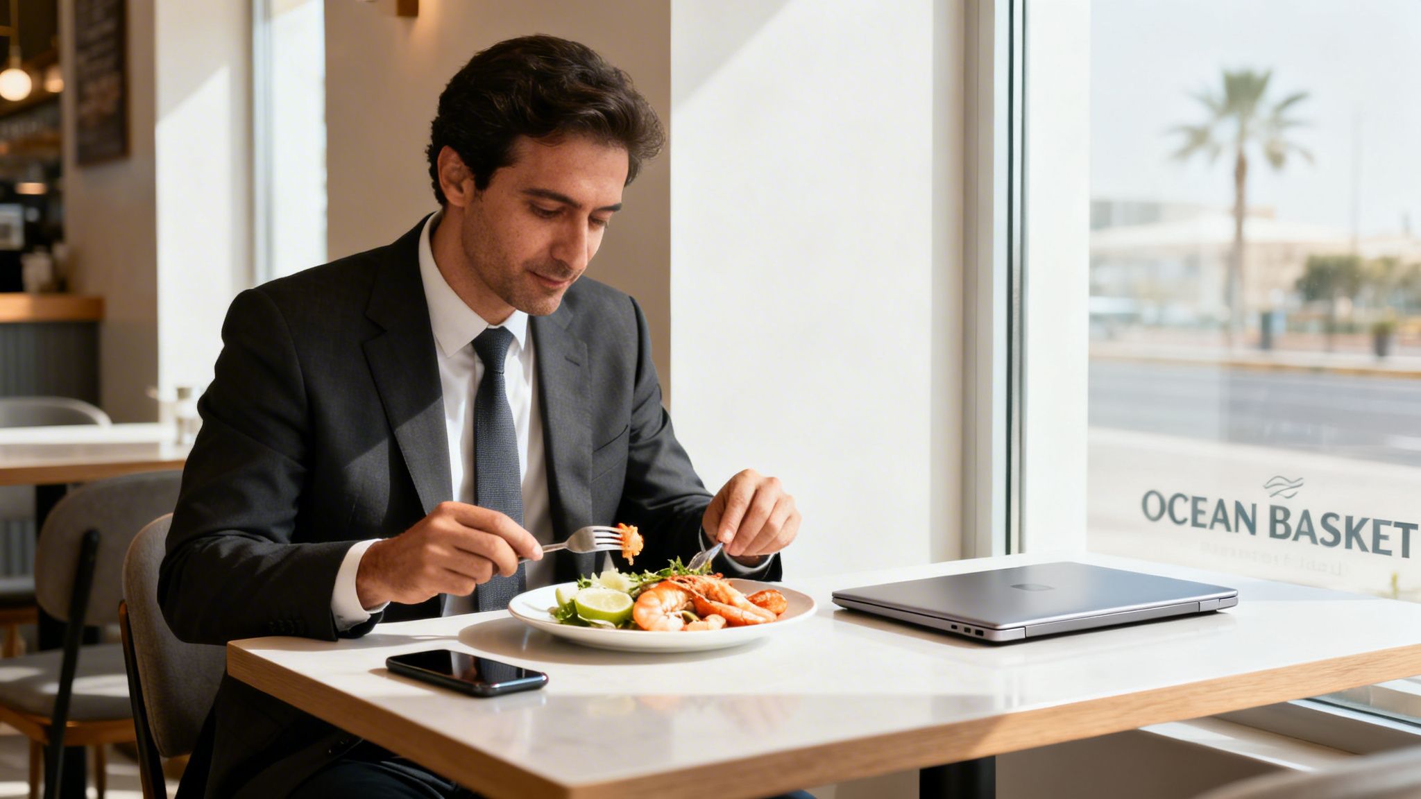Man in a suit eating a shrimp and salad meal at an Ocean Basket restaurant.