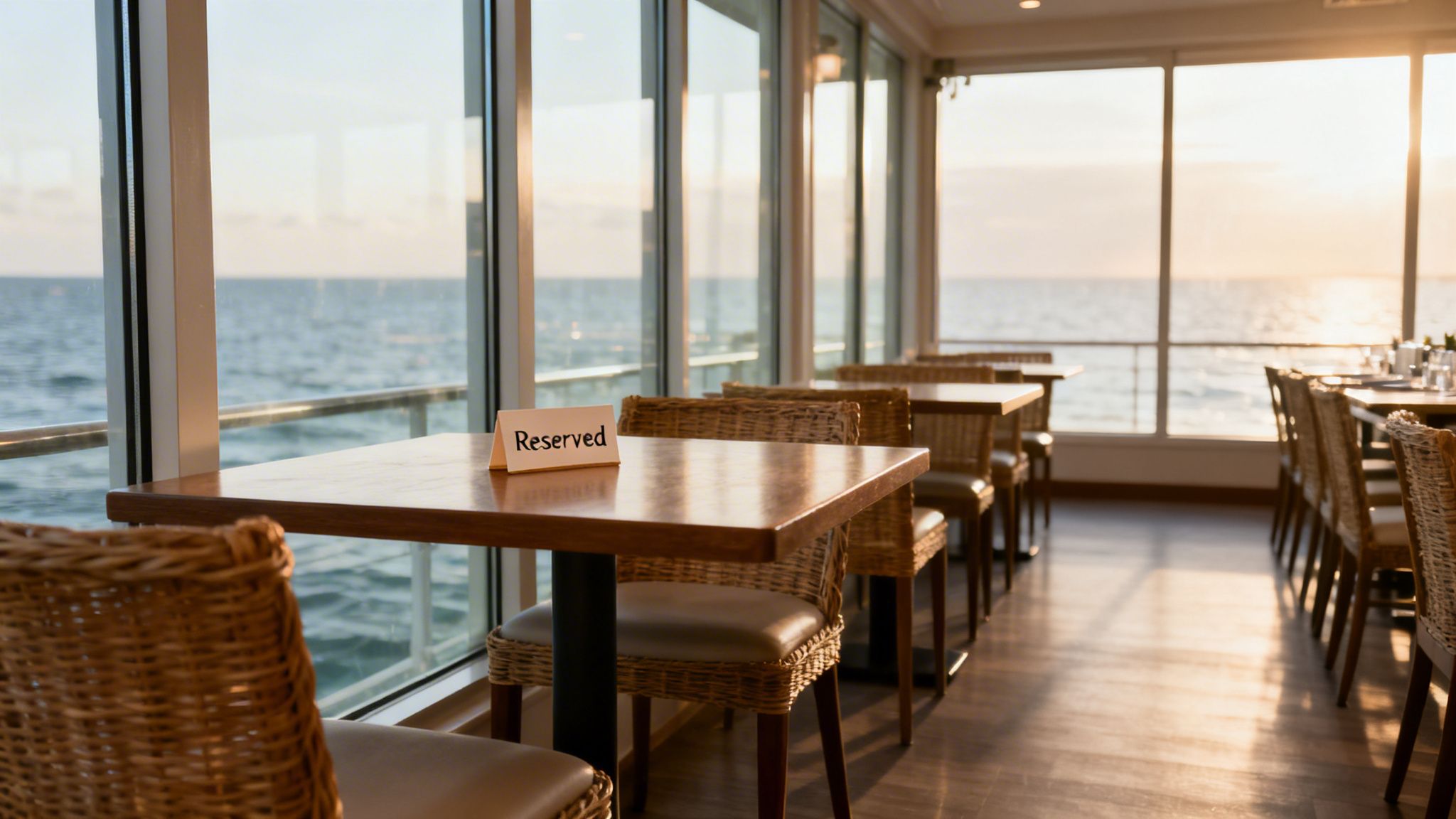 Empty restaurant with a 'Reserved' sign on a table, featuring an ocean view at sunset.