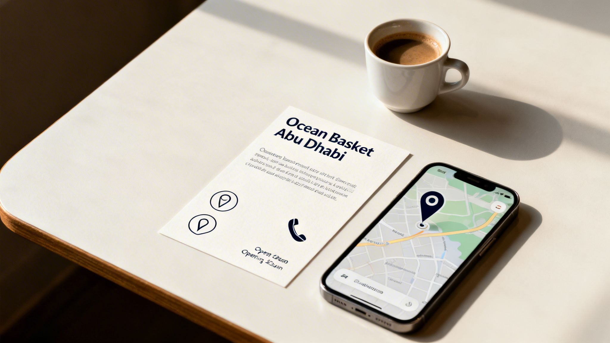 Ocean Basket Abu Dhabi business card, coffee, and a phone with a map app on a clean white surface.