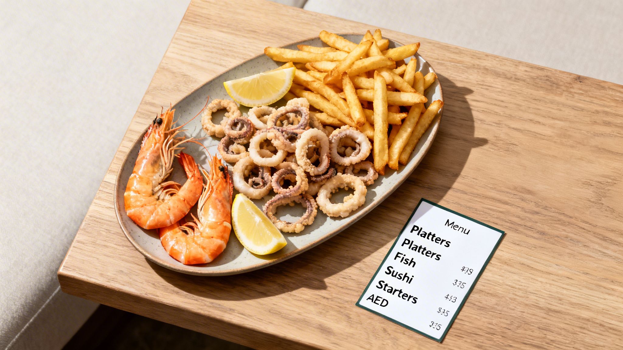 A delicious seafood platter with fried shrimp, calamari, and french fries, next to a menu card on a wooden table.