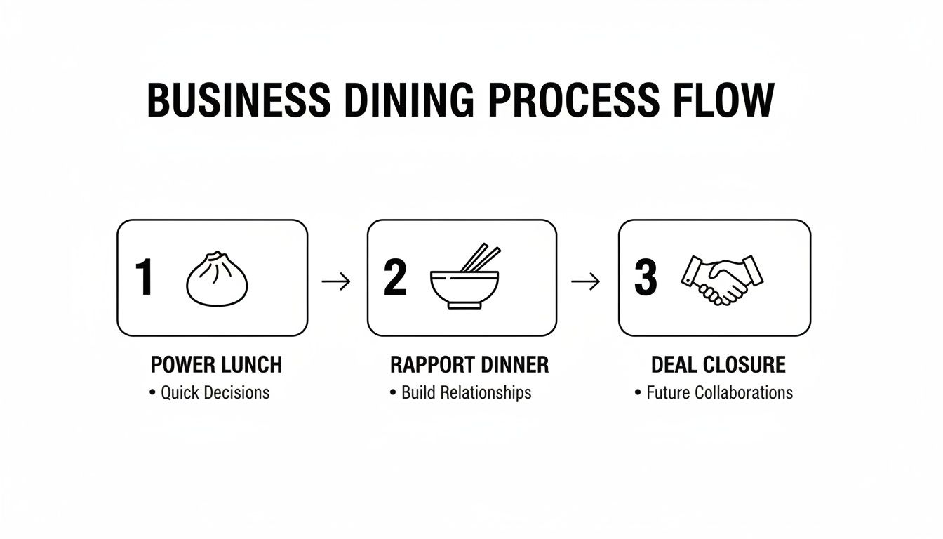 A business dining process flow infographic detailing three steps: power lunch, rapport dinner, and deal closure.