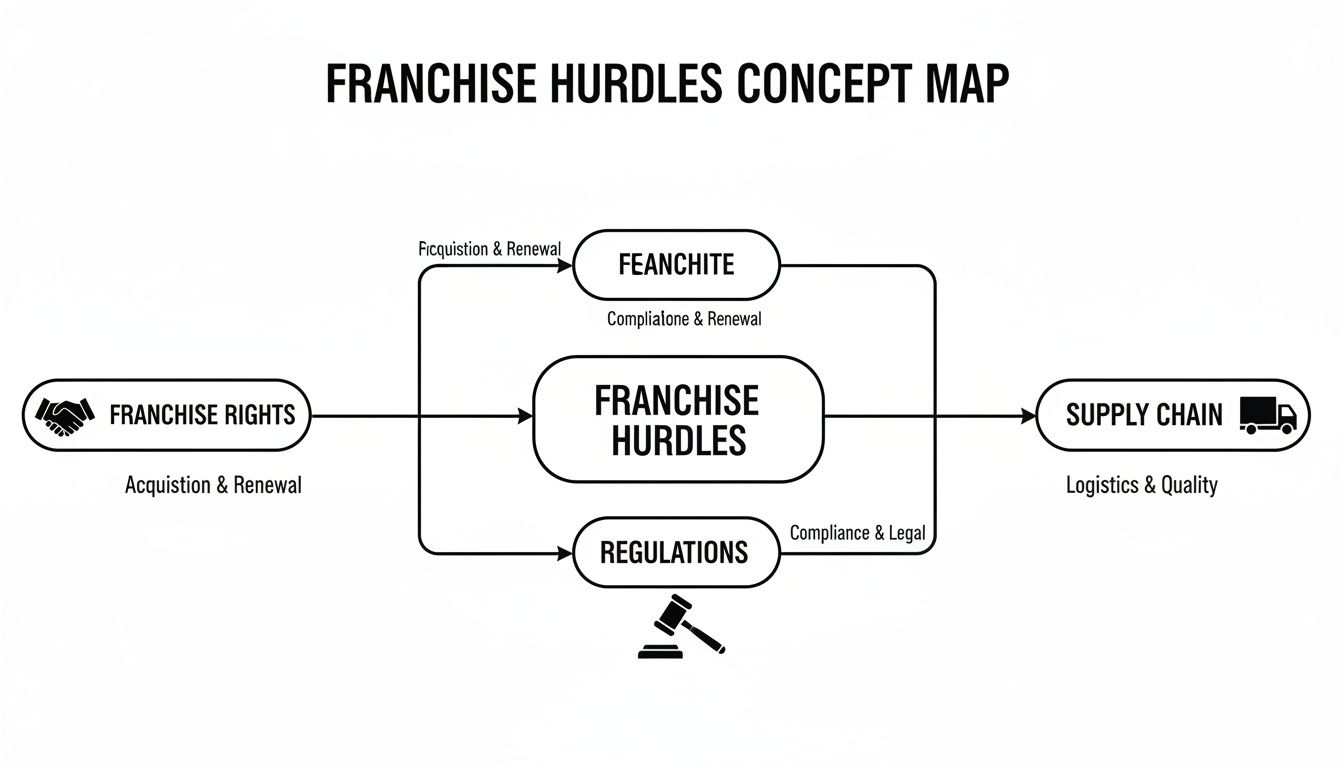 A concept map illustrating franchise hurdles, rights,regulations, and supply chain management processes.